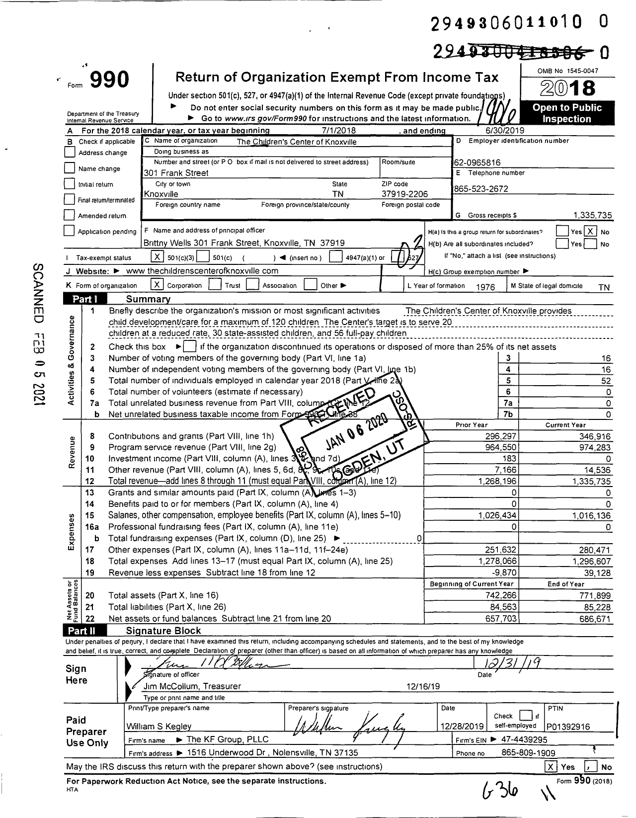 Image of first page of 2018 Form 990 for The Children's Center of Knoxville