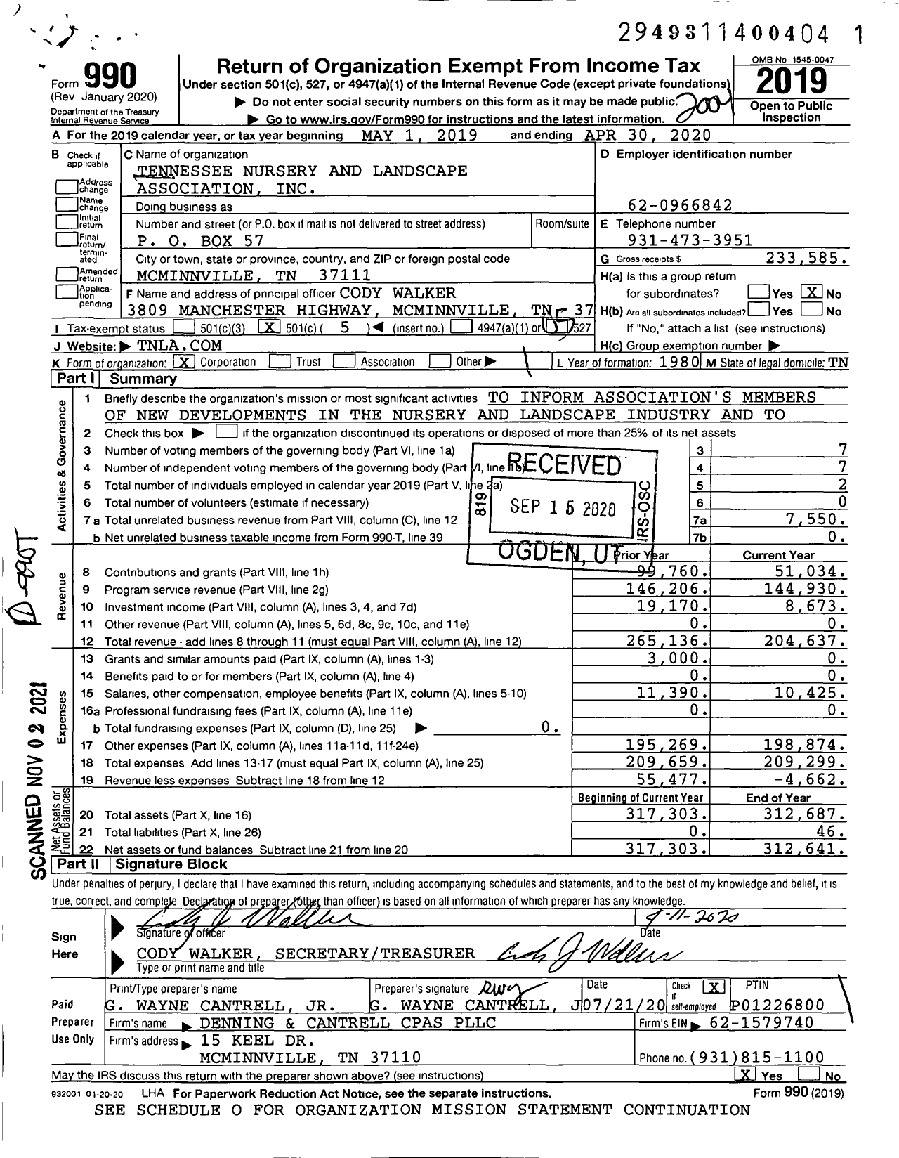 Image of first page of 2019 Form 990O for Tennessee Nursery and Landscape Association