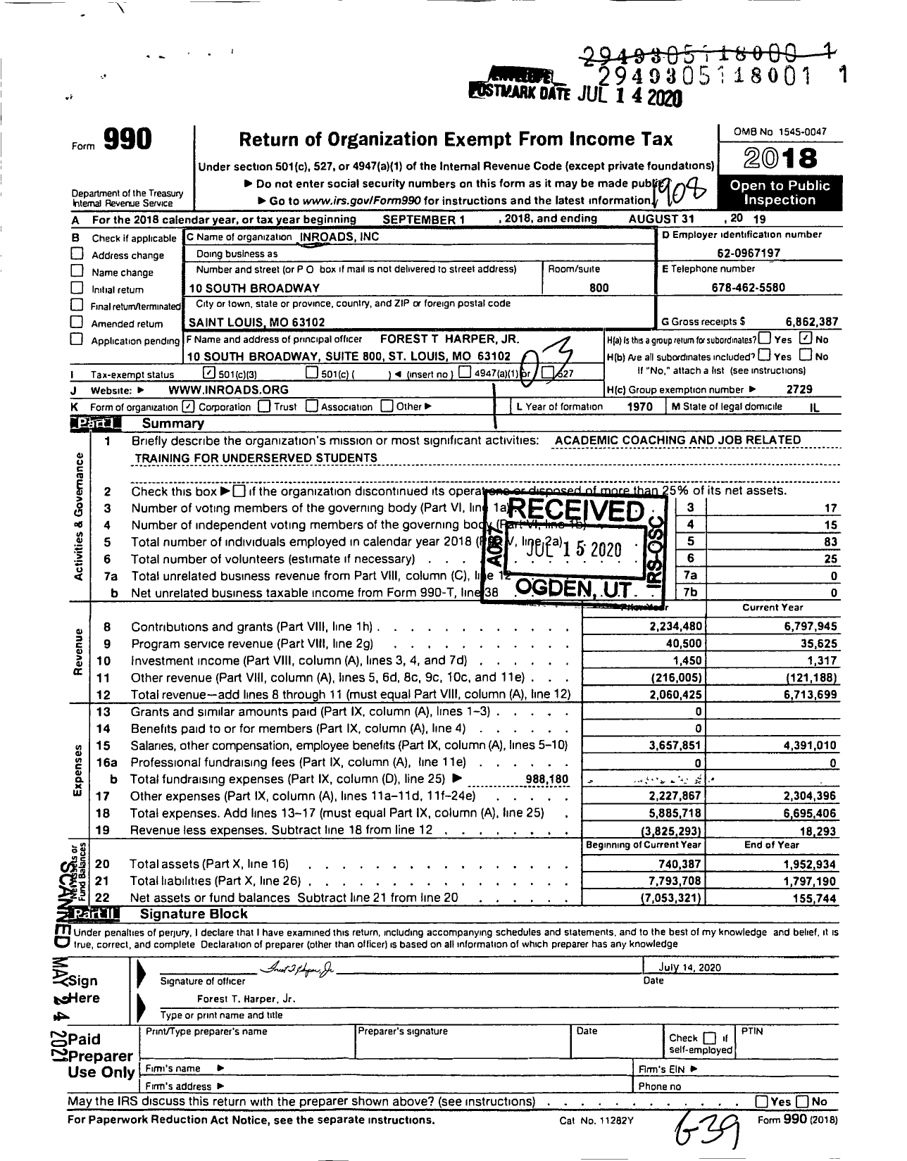 Image of first page of 2018 Form 990 for Inroads