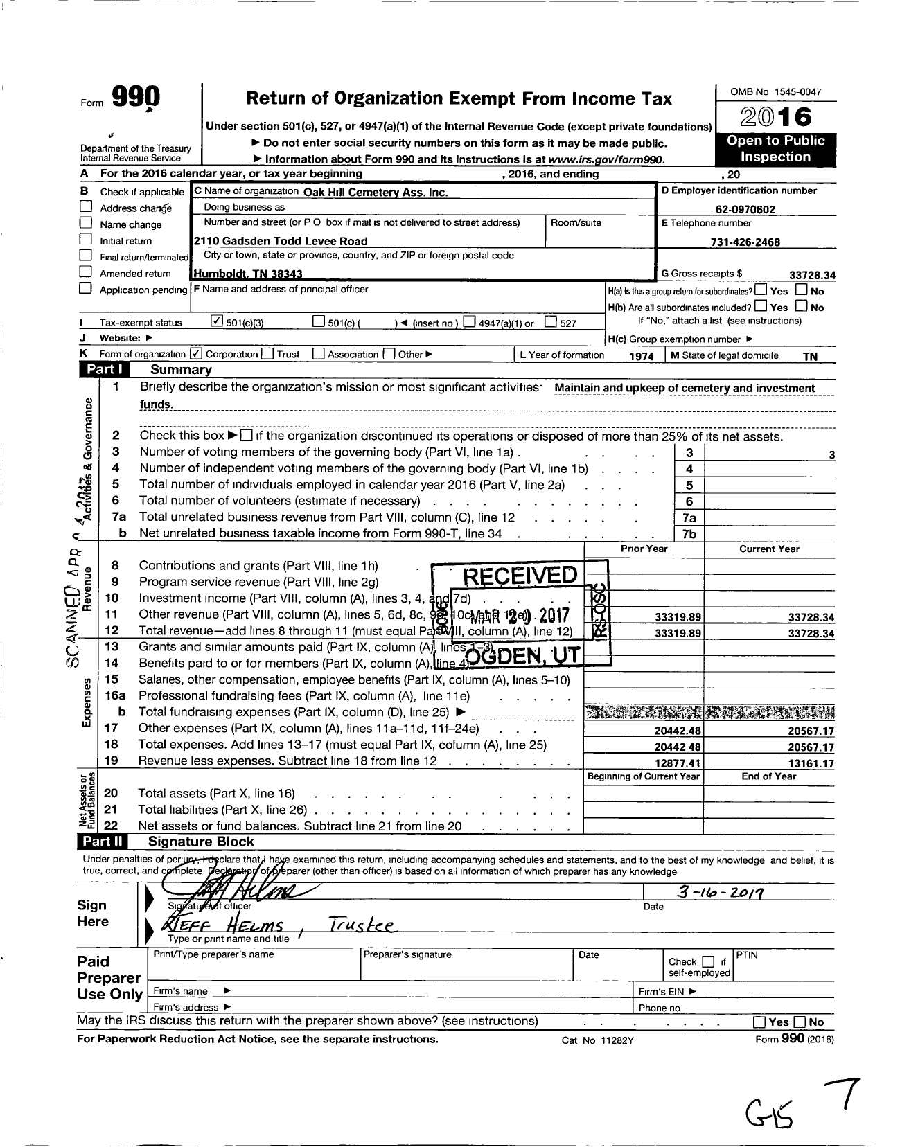 Image of first page of 2016 Form 990 for Oak Hill Cemetery Association