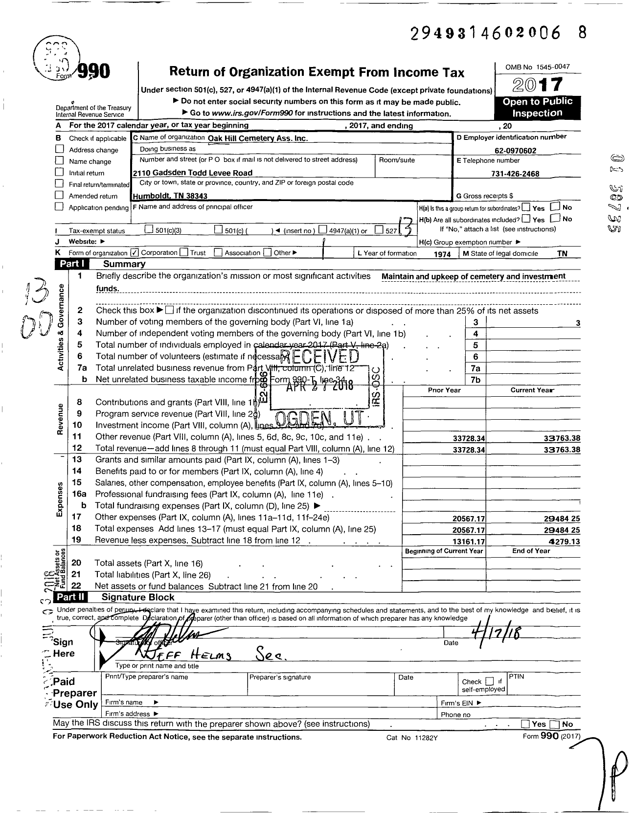 Image of first page of 2017 Form 990O for Oak Hill Cemetery Association