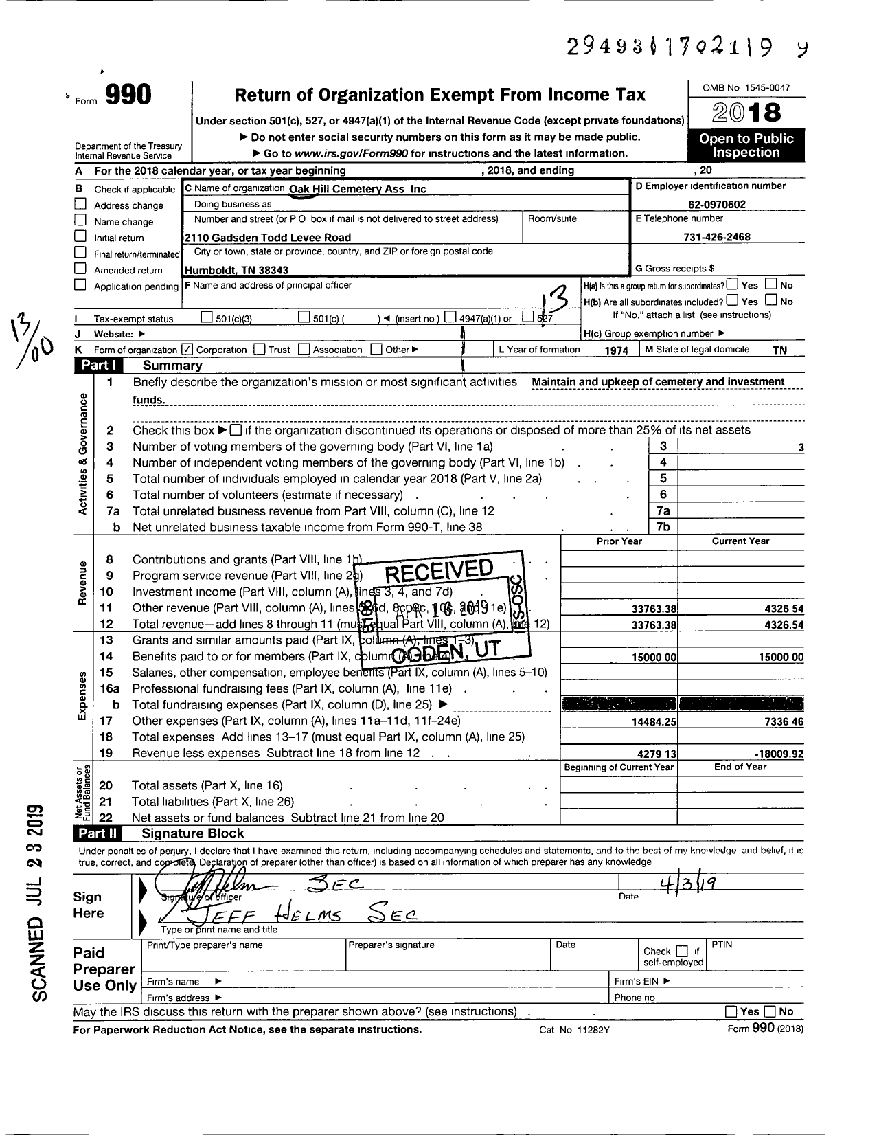 Image of first page of 2018 Form 990O for Oak Hill Cemetery Association