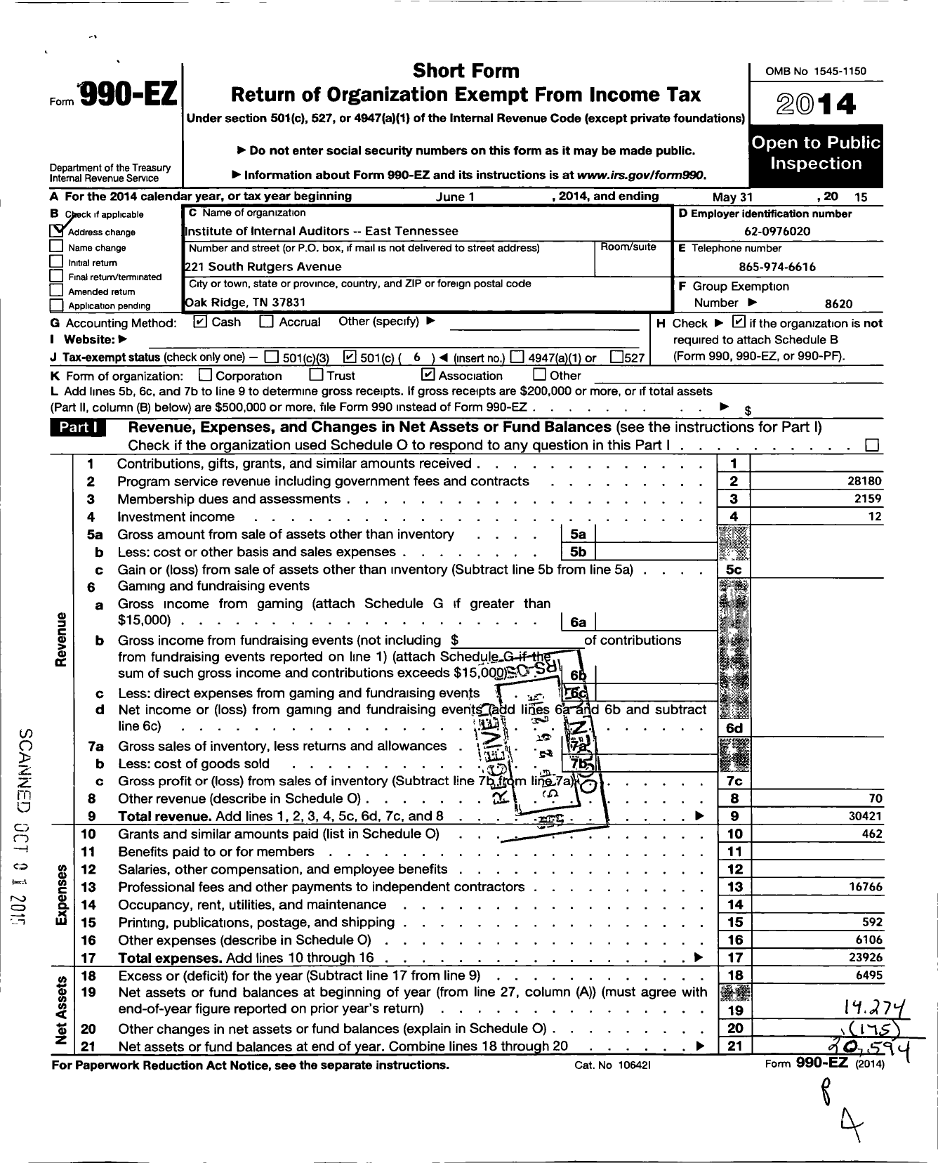 Image of first page of 2014 Form 990EO for Institute of Internal Auditors / East Tennessee Chapter