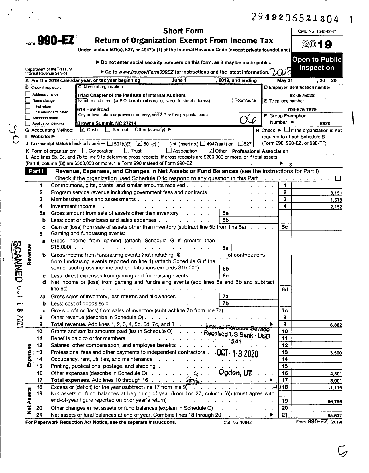 Image of first page of 2019 Form 990EO for Institute of Internal Auditors / Triad Chapter