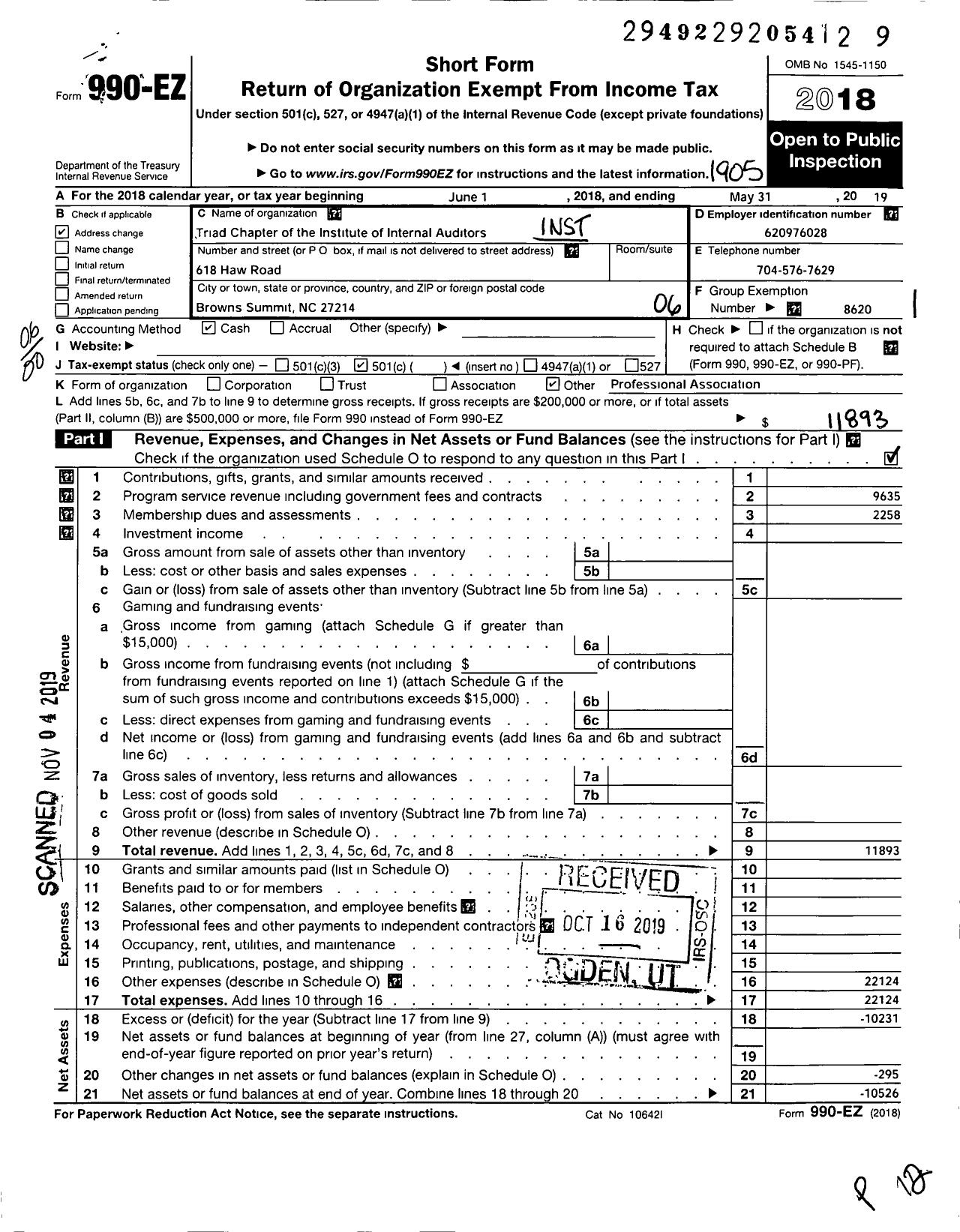 Image of first page of 2018 Form 990EO for Institute of Internal Auditors / Triad Chapter