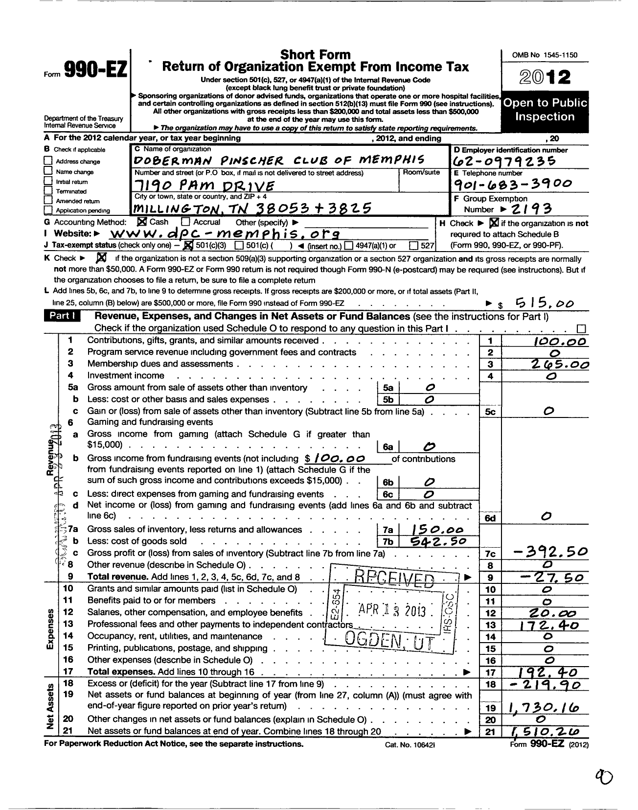 Image of first page of 2012 Form 990EZ for Doberman Pinscher Club of America / DPC of Memphis