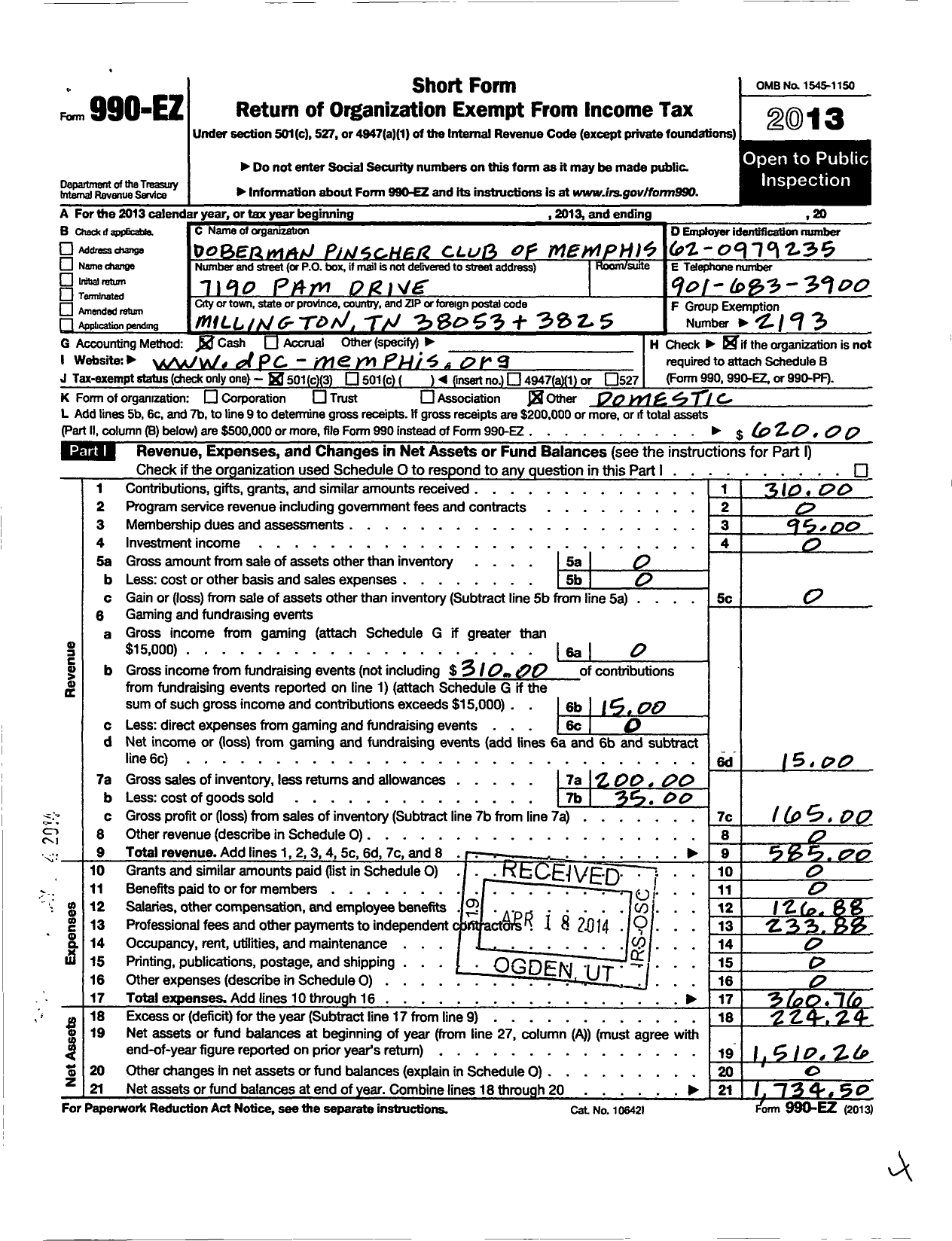 Image of first page of 2013 Form 990EZ for Doberman Pinscher Club of America / DPC of Memphis