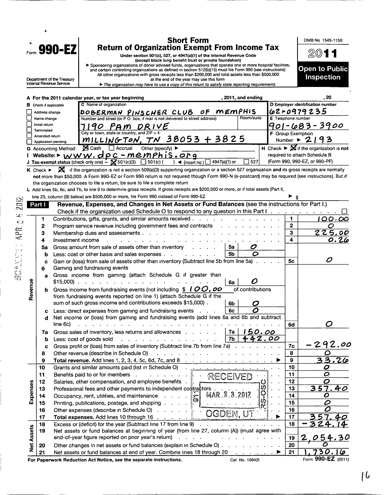 Image of first page of 2011 Form 990EZ for Doberman Pinscher Club of America / DPC of Memphis