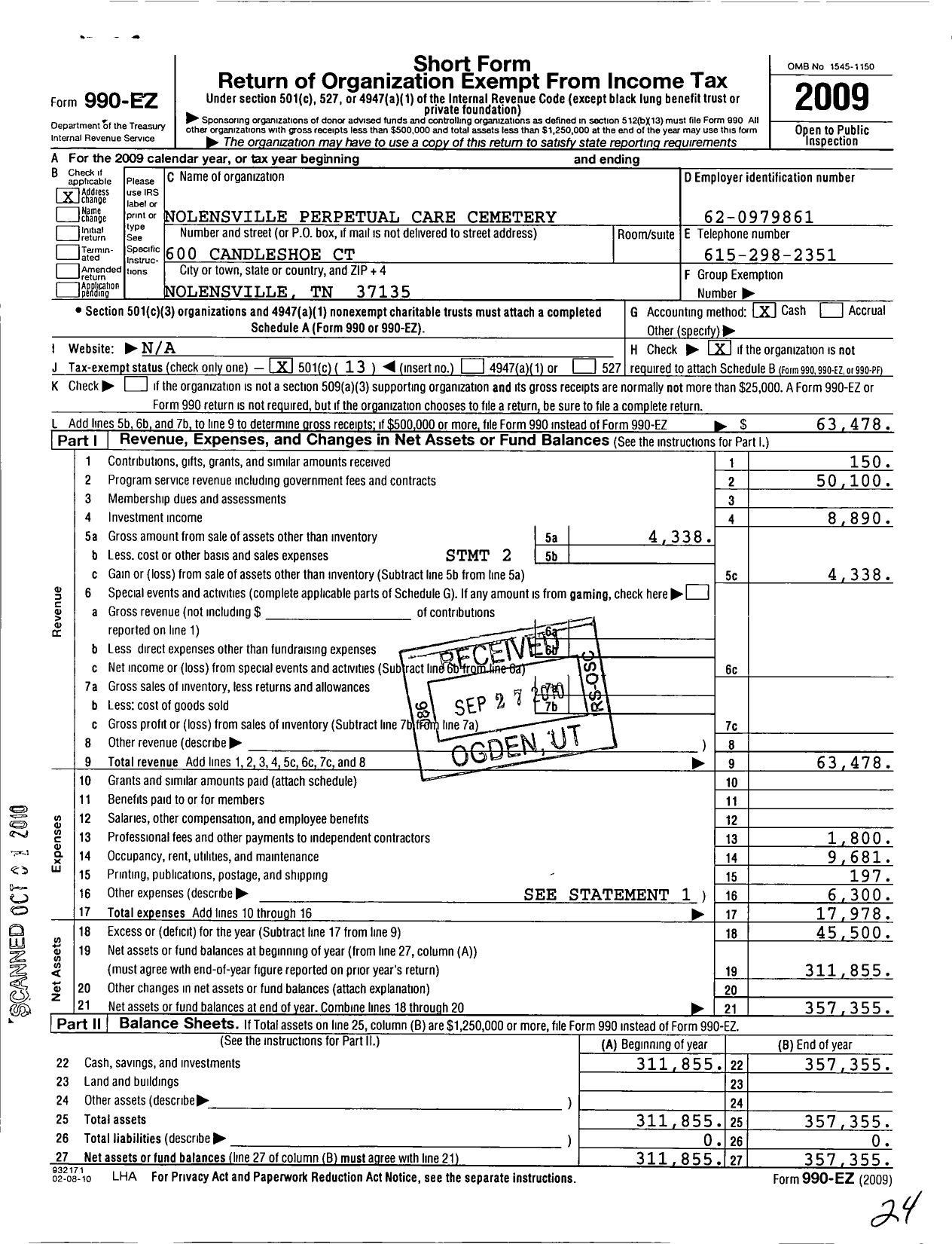 Image of first page of 2009 Form 990EO for Nolensville Perpetual Care Cemetery Association