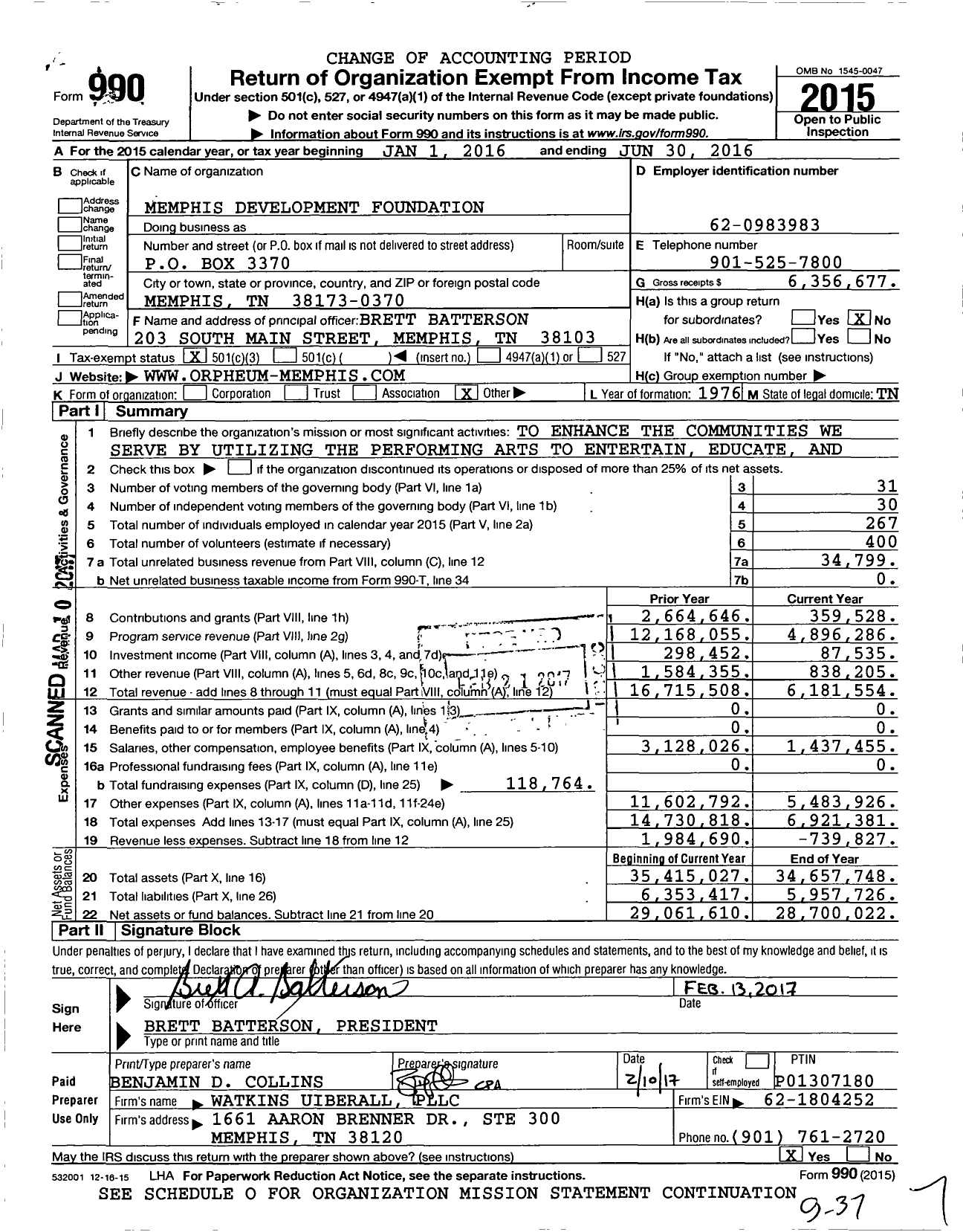 Image of first page of 2015 Form 990 for oRPHEUM THEATRE GROUP