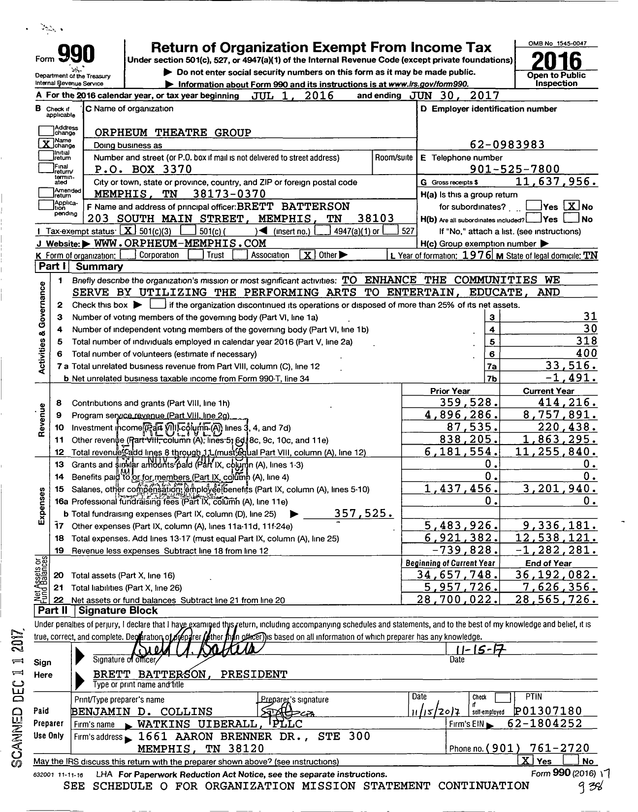 Image of first page of 2016 Form 990 for oRPHEUM THEATRE GROUP