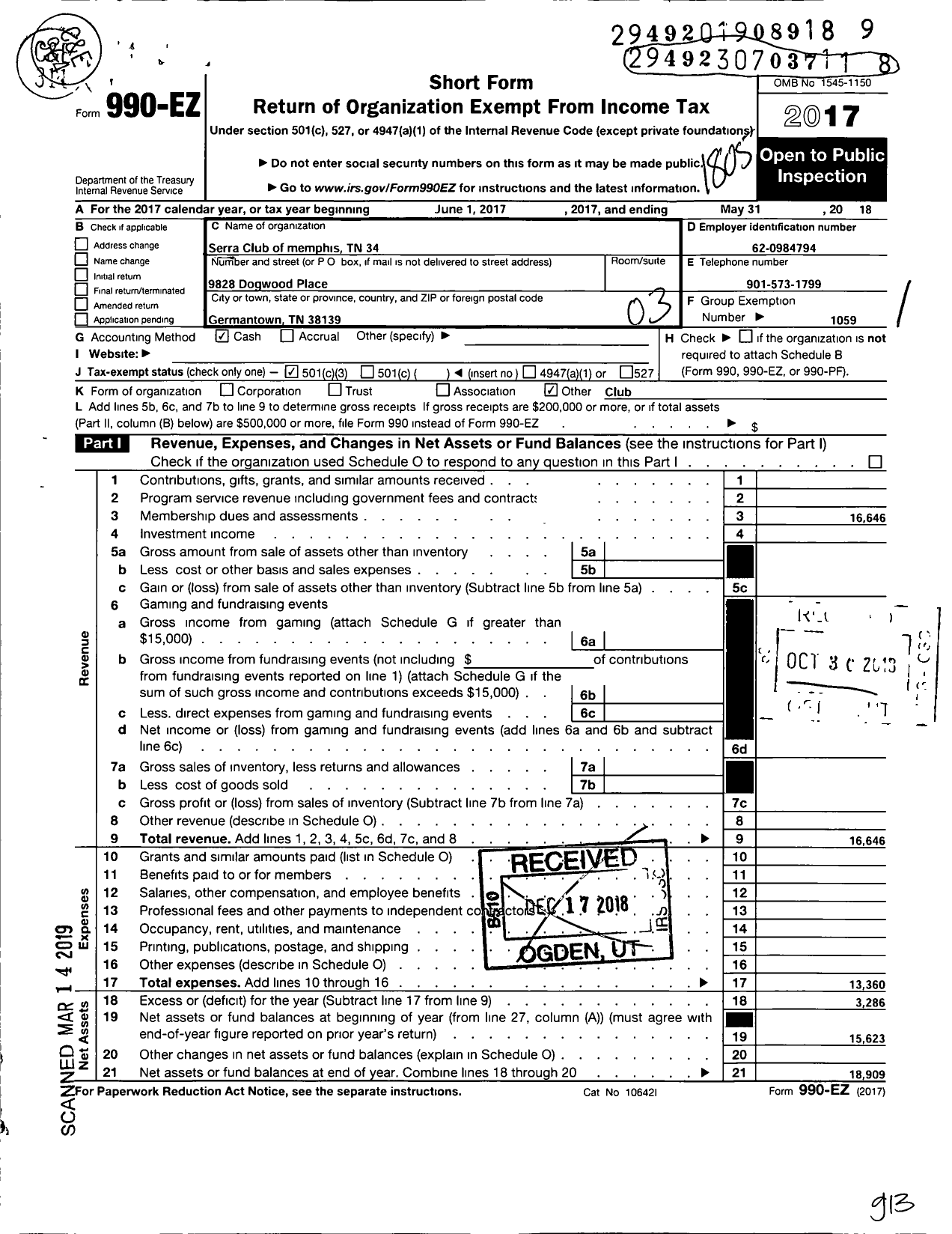 Image of first page of 2017 Form 990EZ for Serra International - 34 Memphis Serra Club