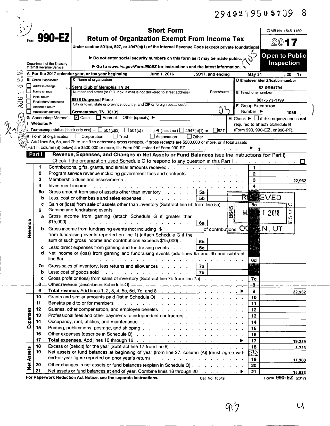 Image of first page of 2016 Form 990EZ for Serra International - 34 Memphis Serra Club