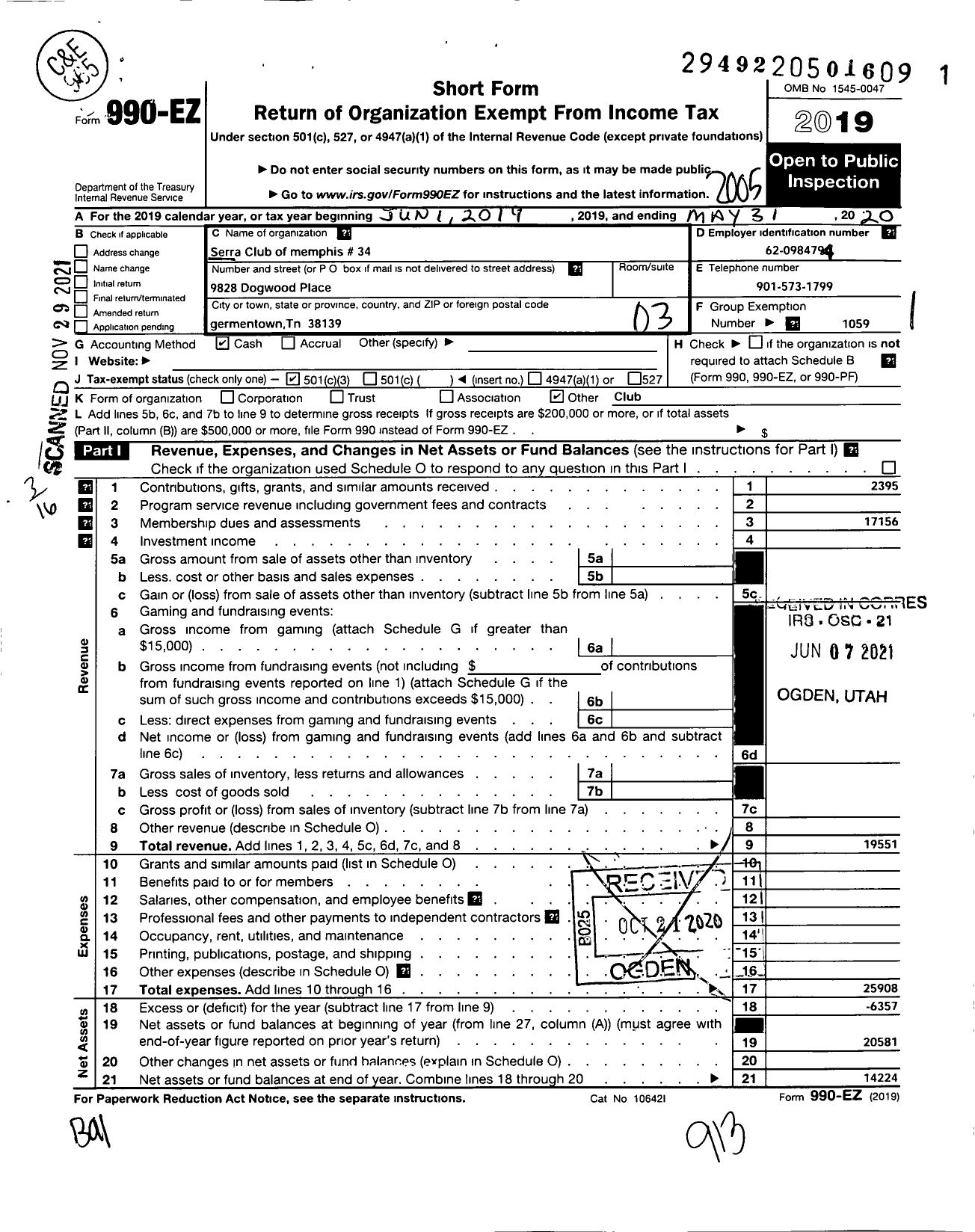 Image of first page of 2019 Form 990EZ for Serra International - 34 Memphis Serra Club