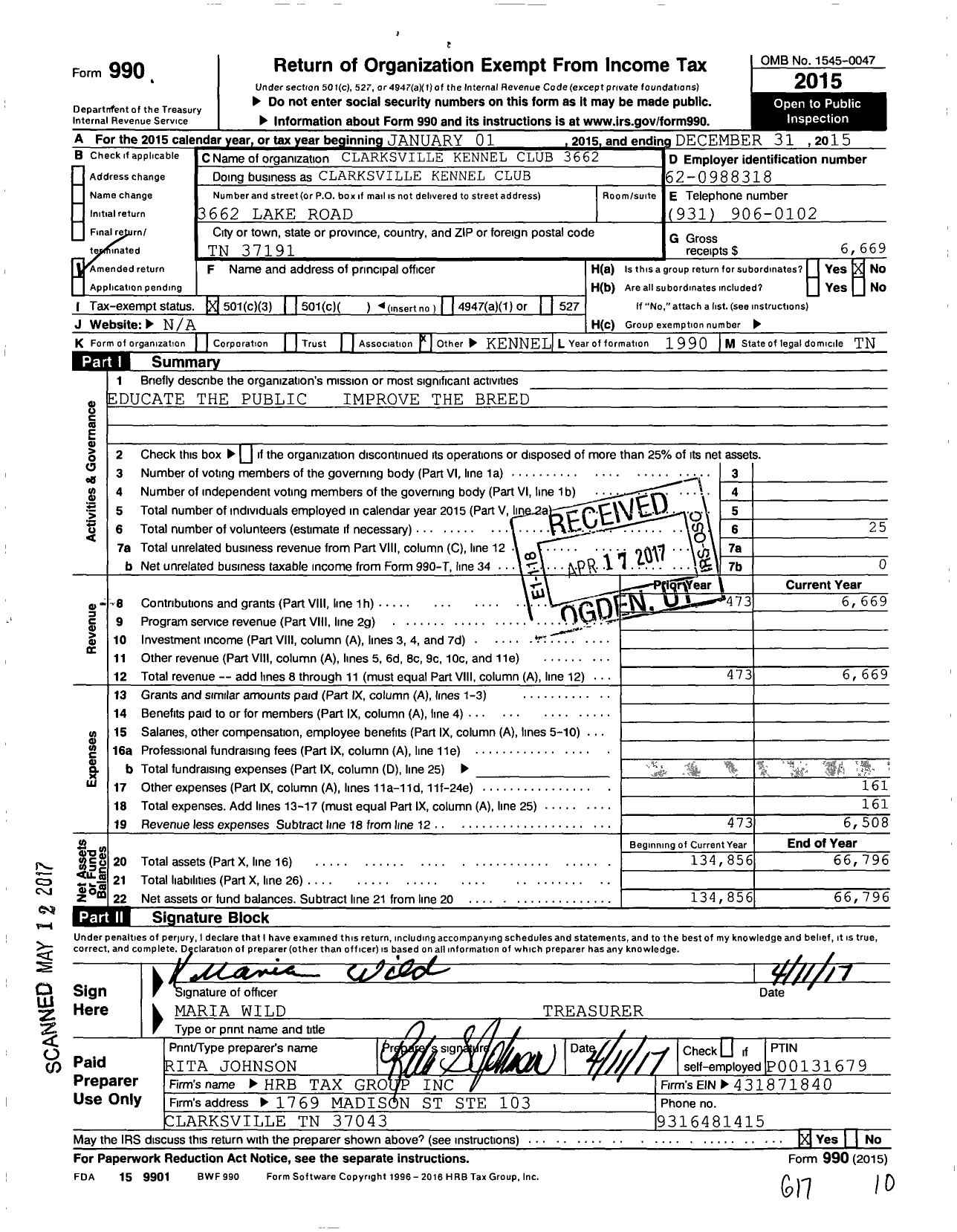 Image of first page of 2015 Form 990 for Clarksville Kennel Club