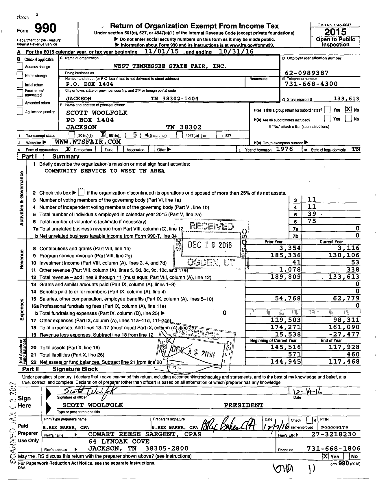 Image of first page of 2015 Form 990O for West Tennessee State Fair