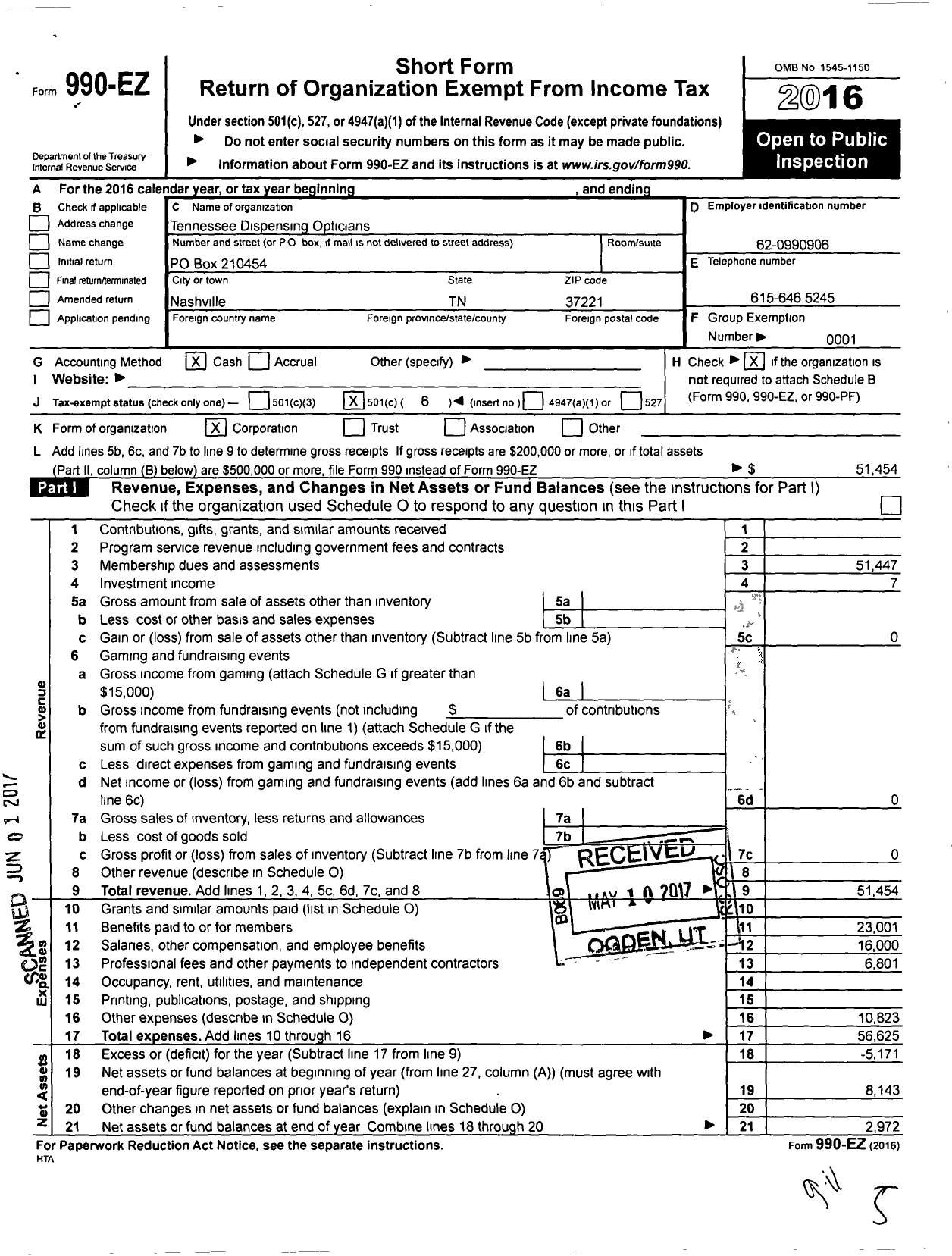 Image of first page of 2016 Form 990EO for Tennessee Dispensing Opticians Association