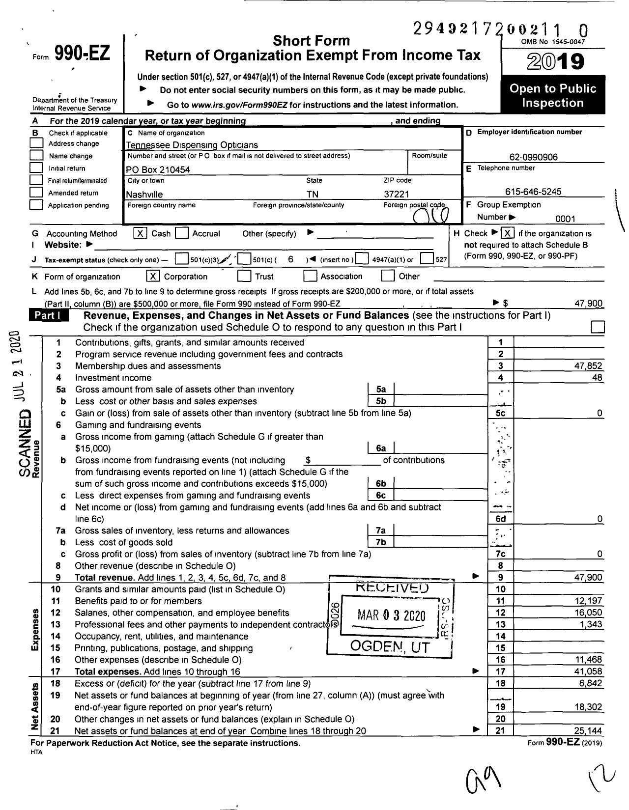 Image of first page of 2019 Form 990EO for Tennessee Dispensing Opticians Association