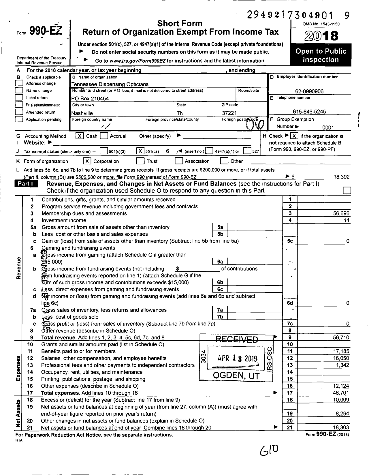 Image of first page of 2018 Form 990EO for Tennessee Dispensing Opticians Association