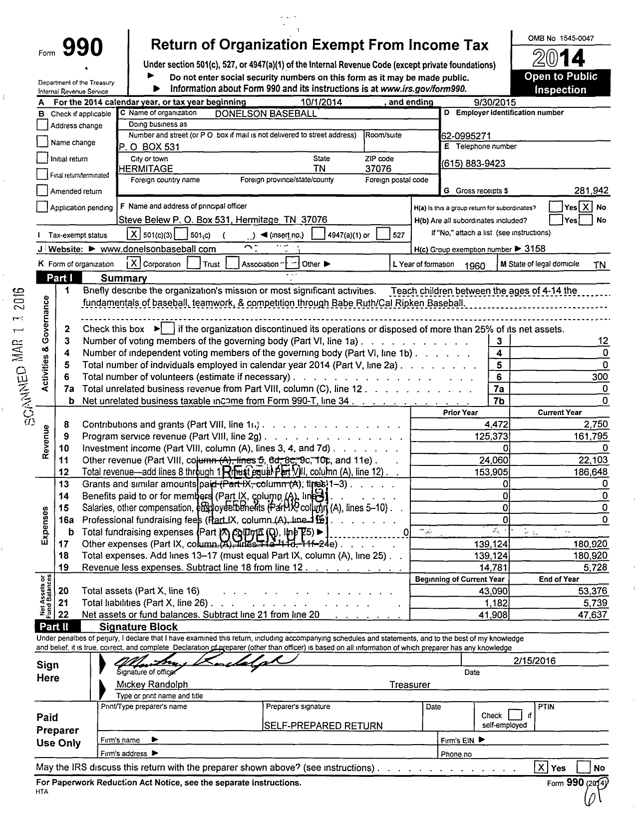 Image of first page of 2014 Form 990 for Donelson Baseball