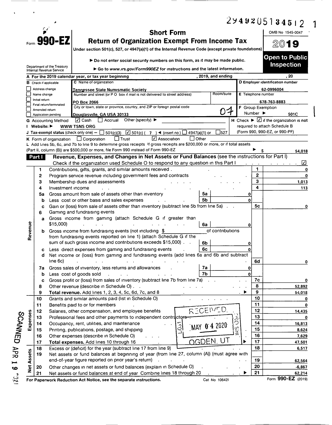 Image of first page of 2019 Form 990EO for Tennessee State Numismatic Society