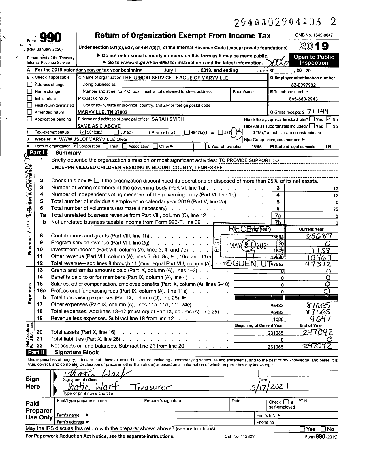 Image of first page of 2019 Form 990 for The Junior Service League of Maryville