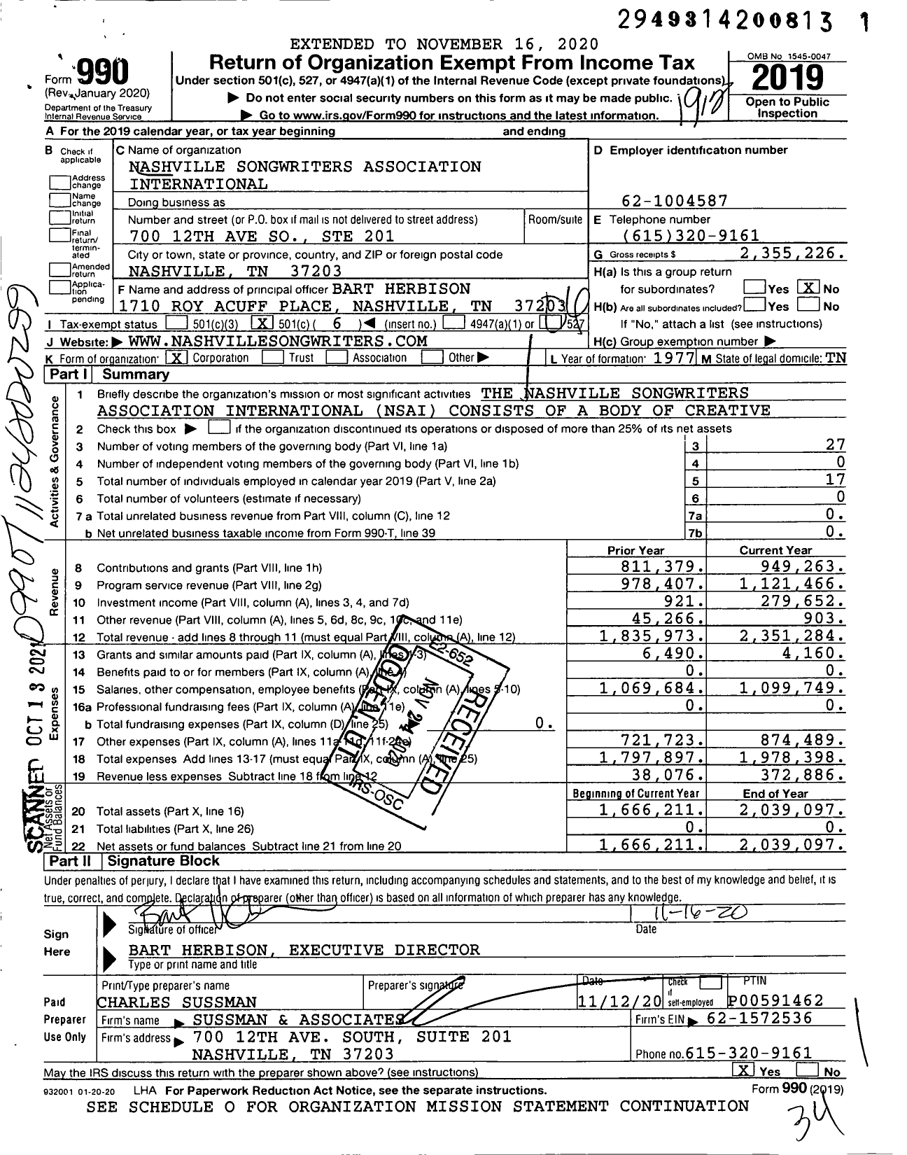 Image of first page of 2019 Form 990O for Nashville Songwriters Association International (NSAI)