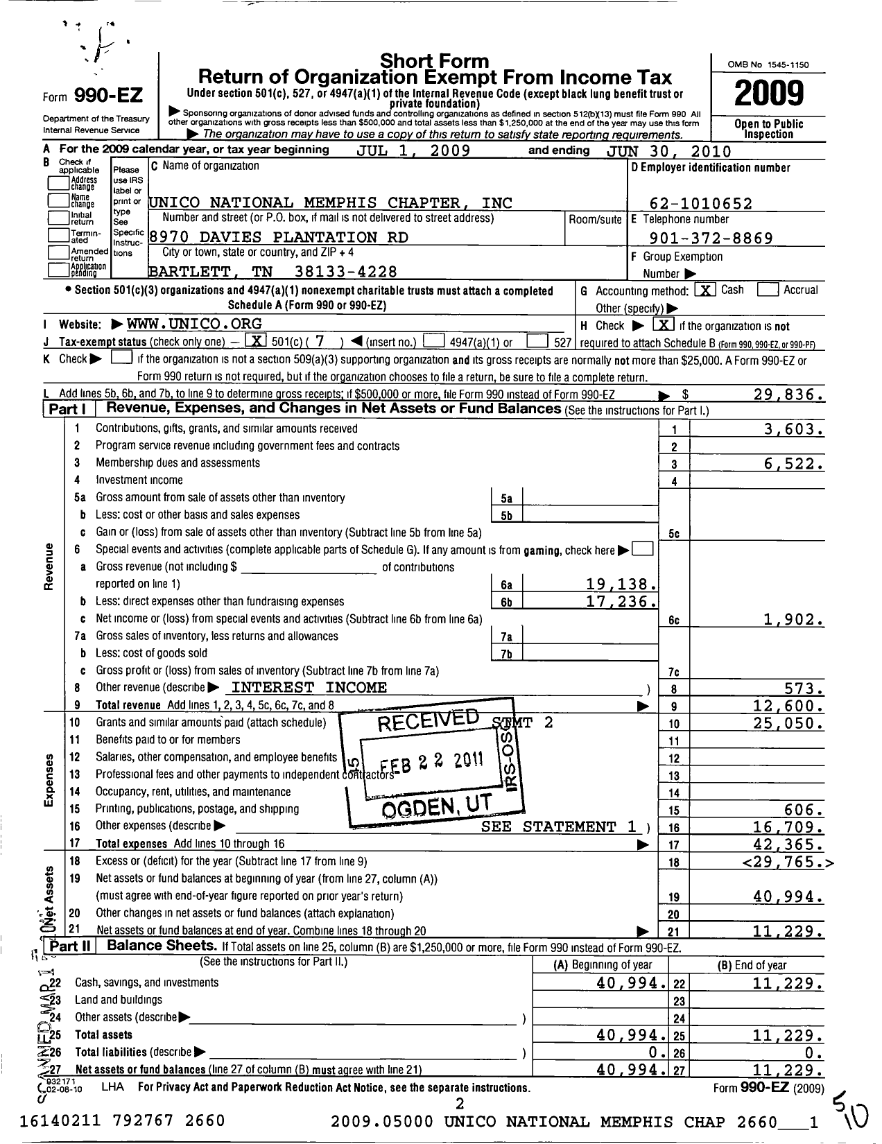 Image of first page of 2009 Form 990EO for Unico National / Memphis