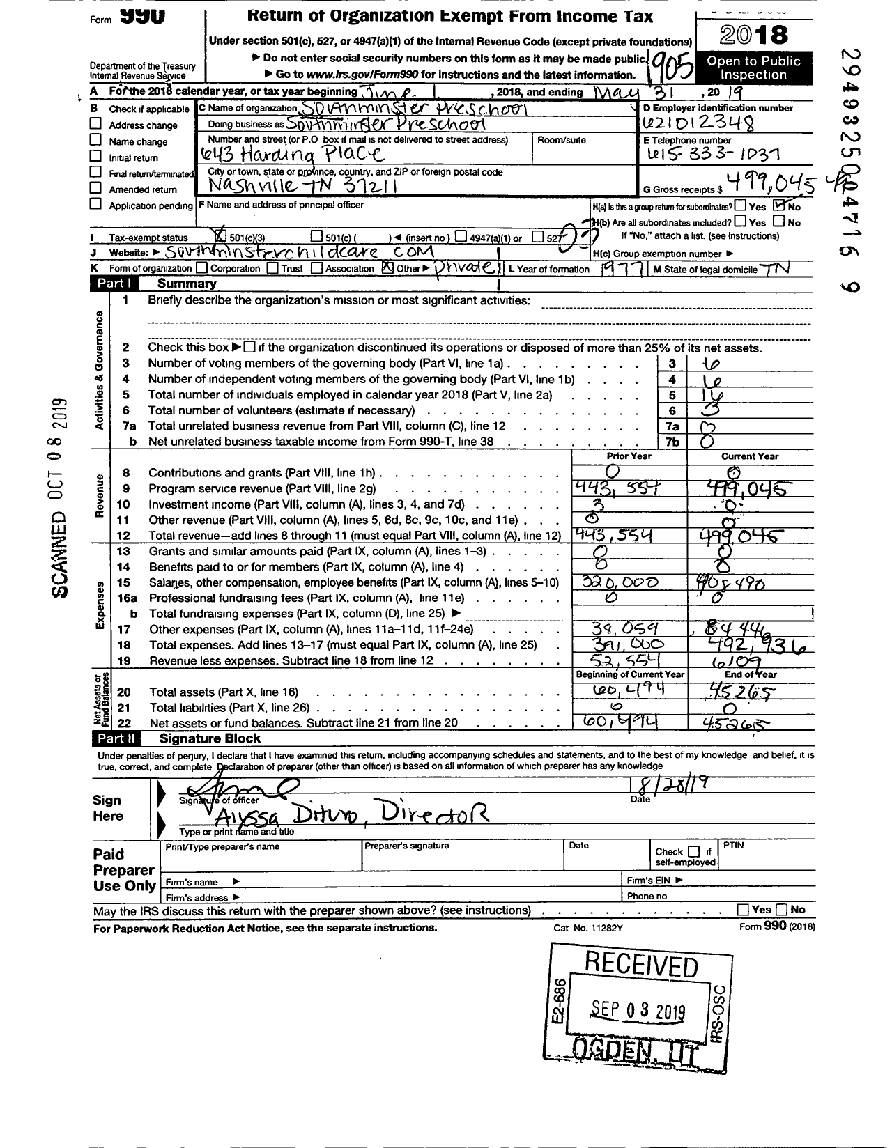 Image of first page of 2018 Form 990 for Southminster Child Care