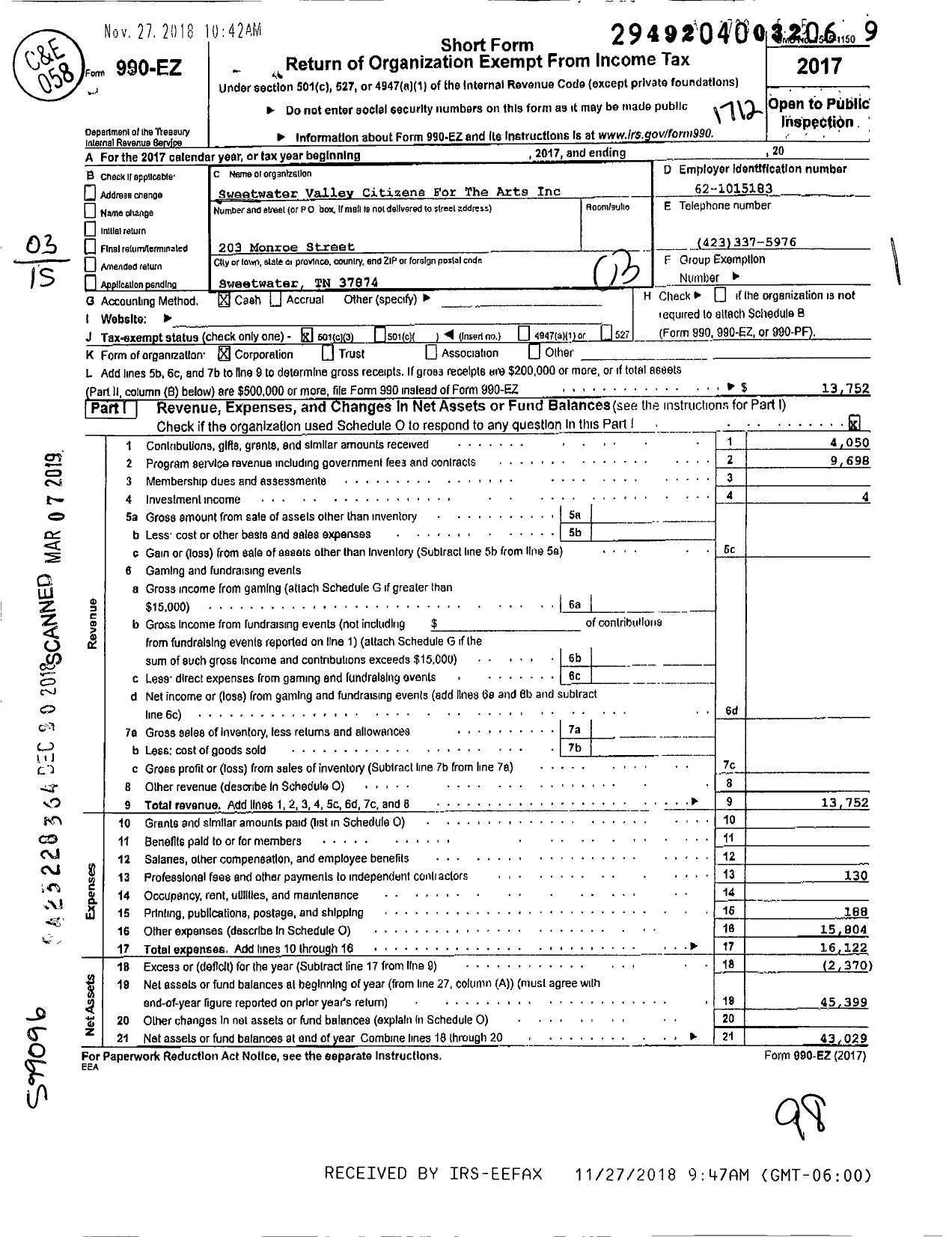 Image of first page of 2017 Form 990EZ for Sweetwater Valley Citizens For The Arts