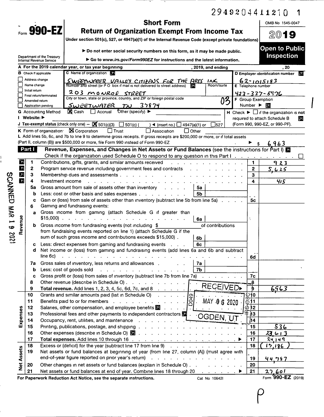 Image of first page of 2019 Form 990EZ for Sweetwater Valley Citizens For The Arts