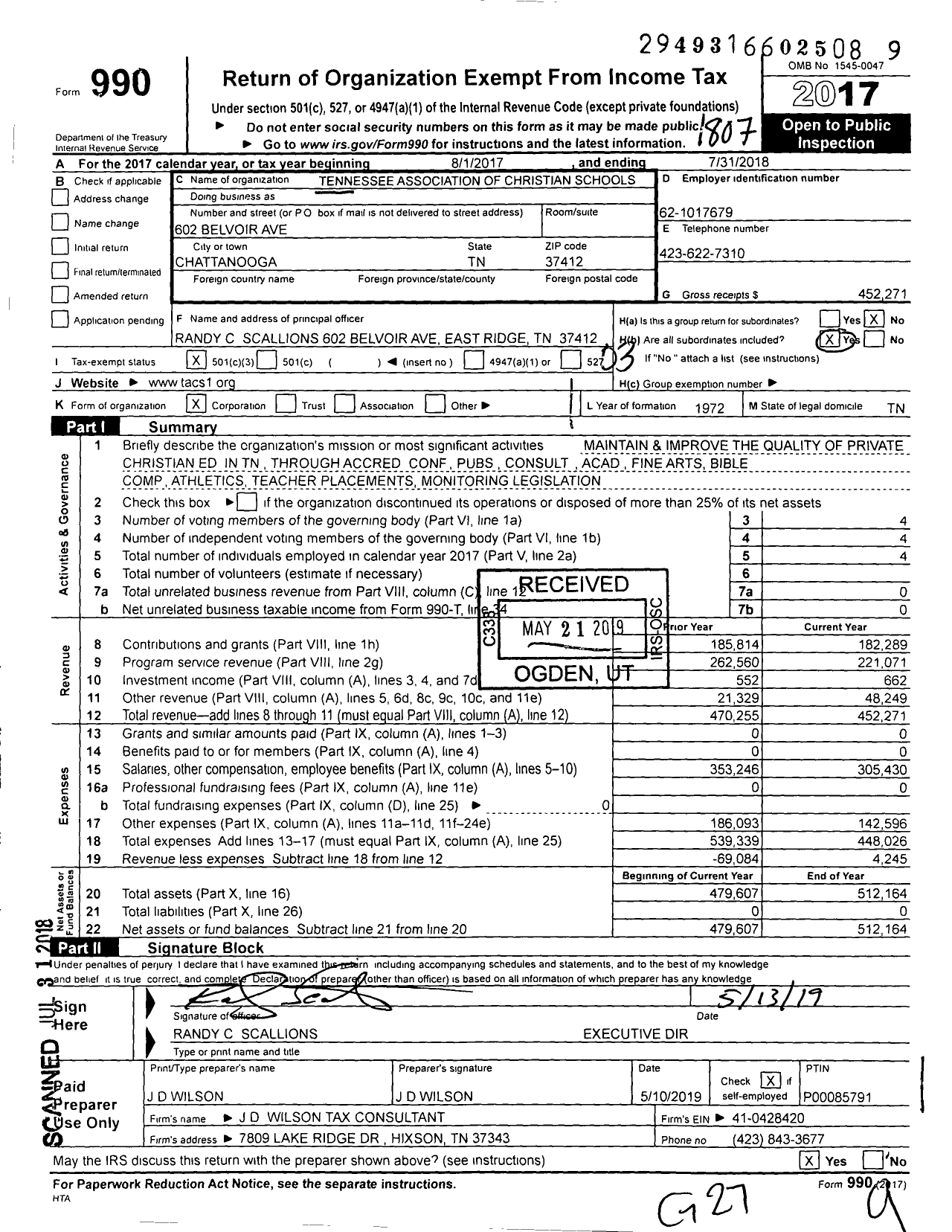Image of first page of 2017 Form 990 for Tennessee Association of Christian Schools