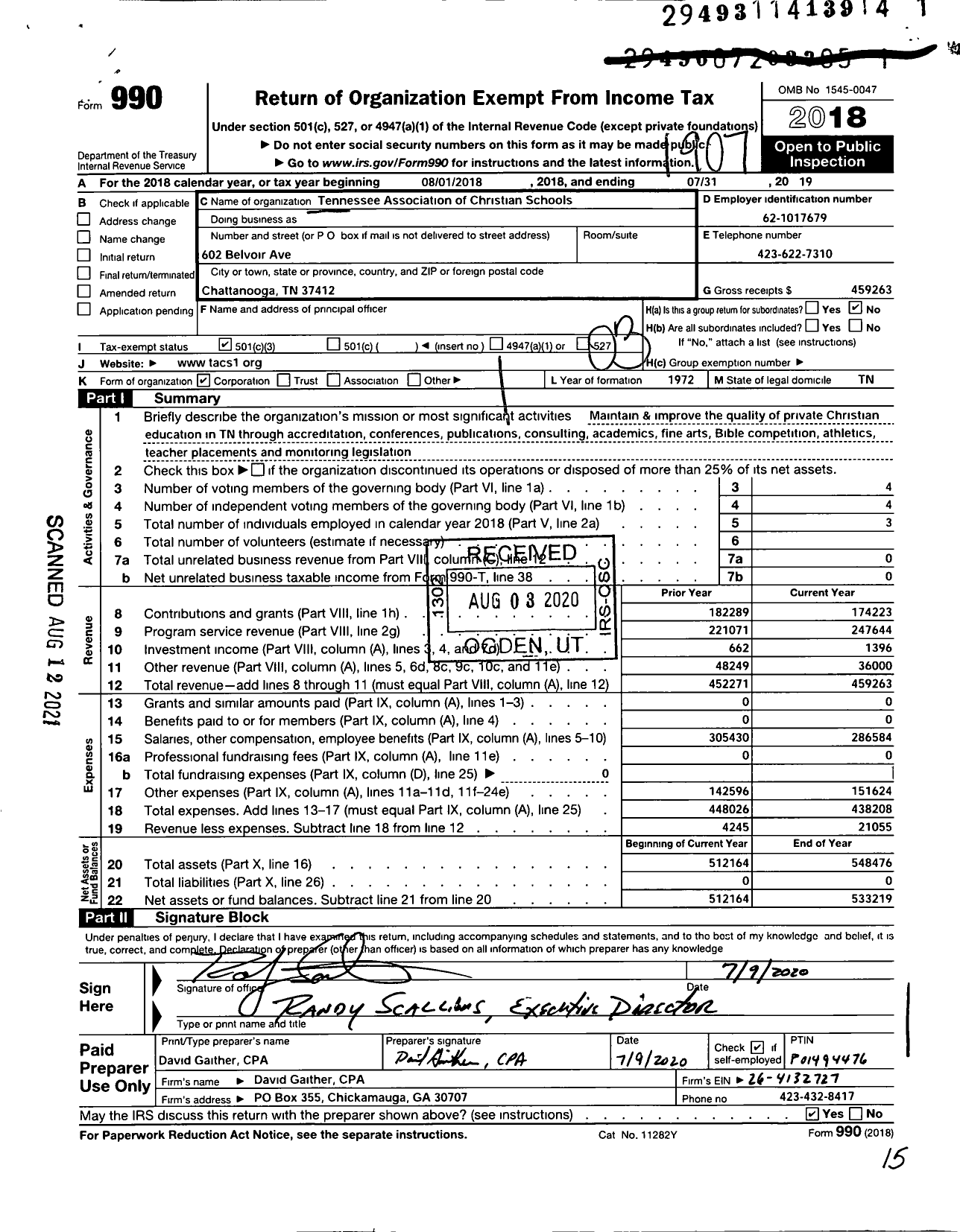 Image of first page of 2018 Form 990 for Tennessee Association of Christian Schools