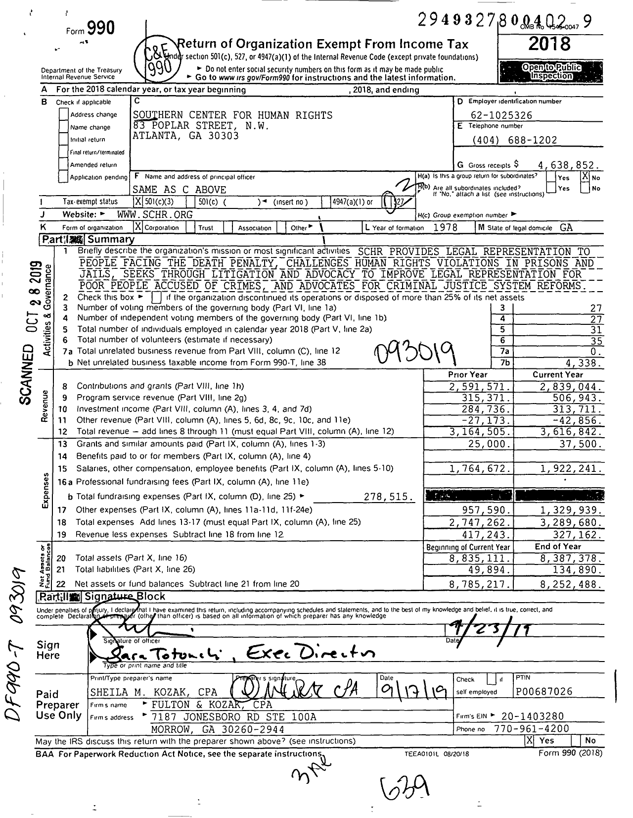 Image of first page of 2018 Form 990 for Southern Center for Human Rights