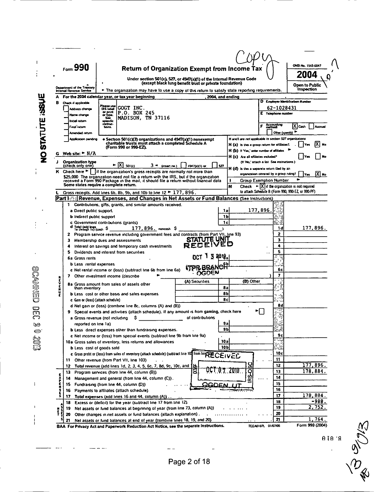 Image of first page of 2004 Form 990 for Gogt