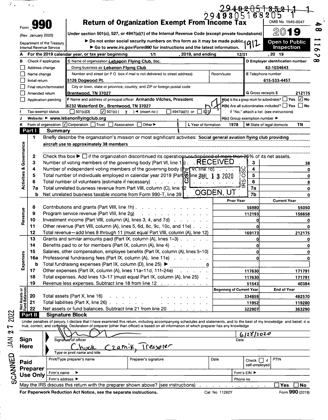 Image of first page of 2019 Form 990O for Lebanon Flying Club