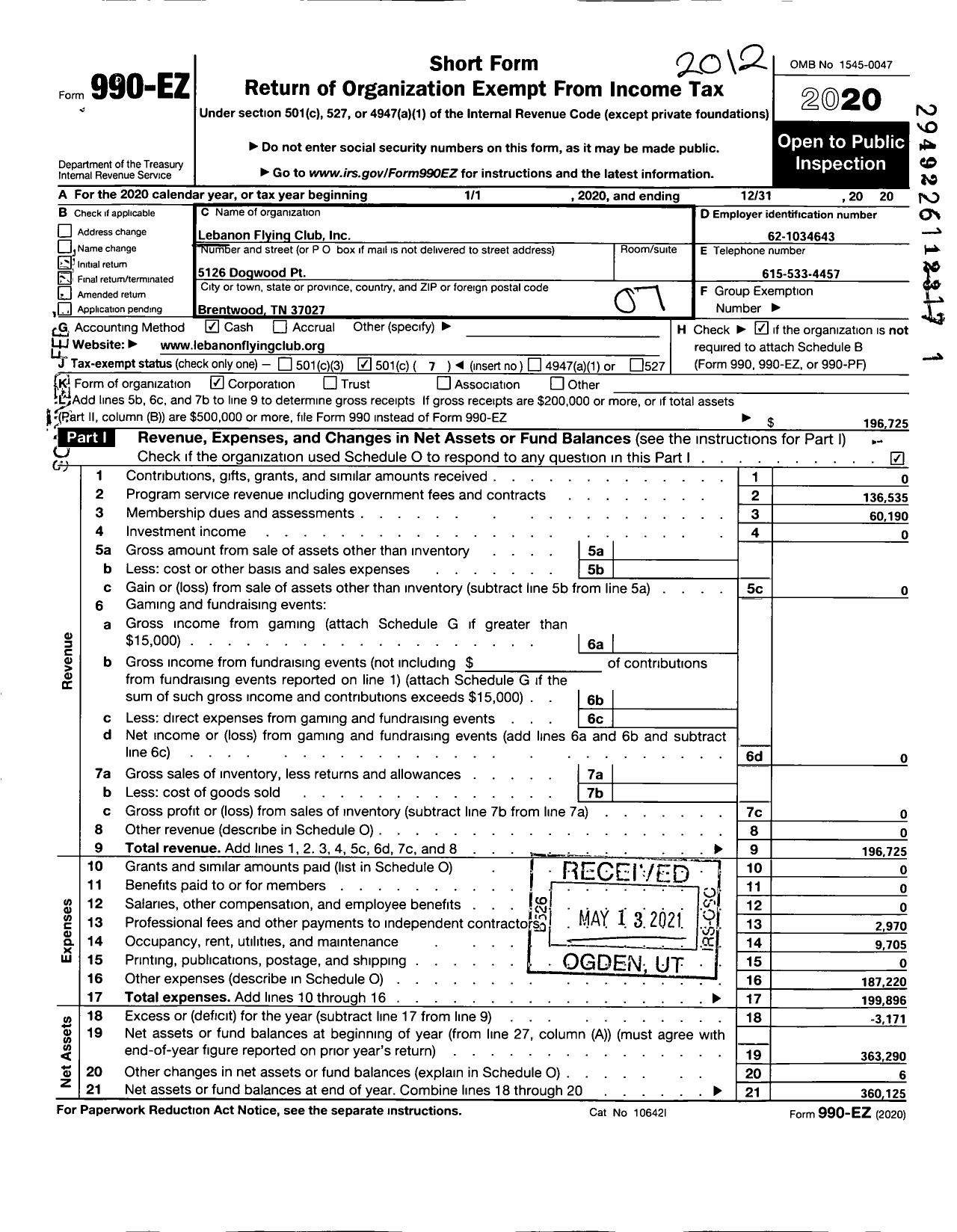 Image of first page of 2020 Form 990EO for Lebanon Flying Club