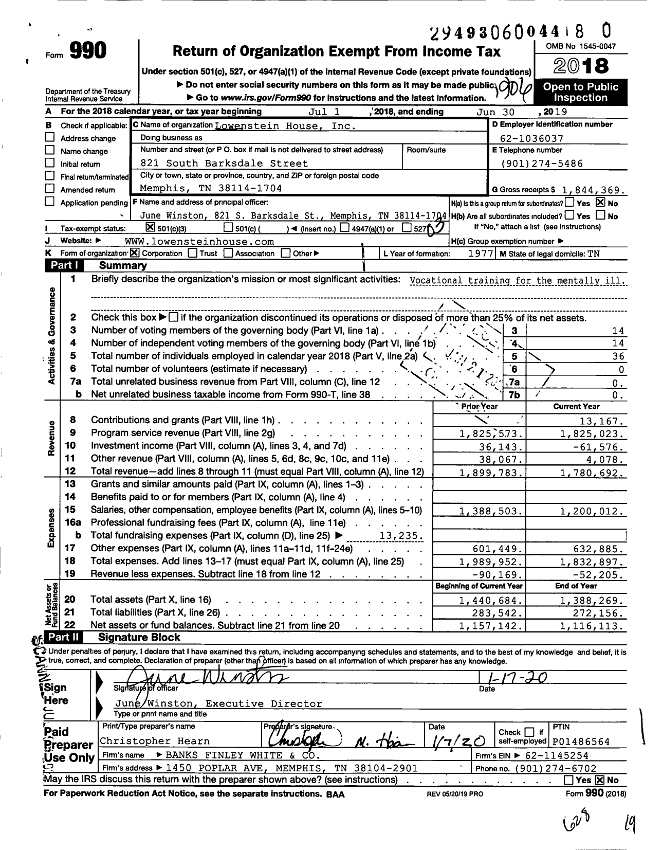 Image of first page of 2018 Form 990 for Lowenstein House