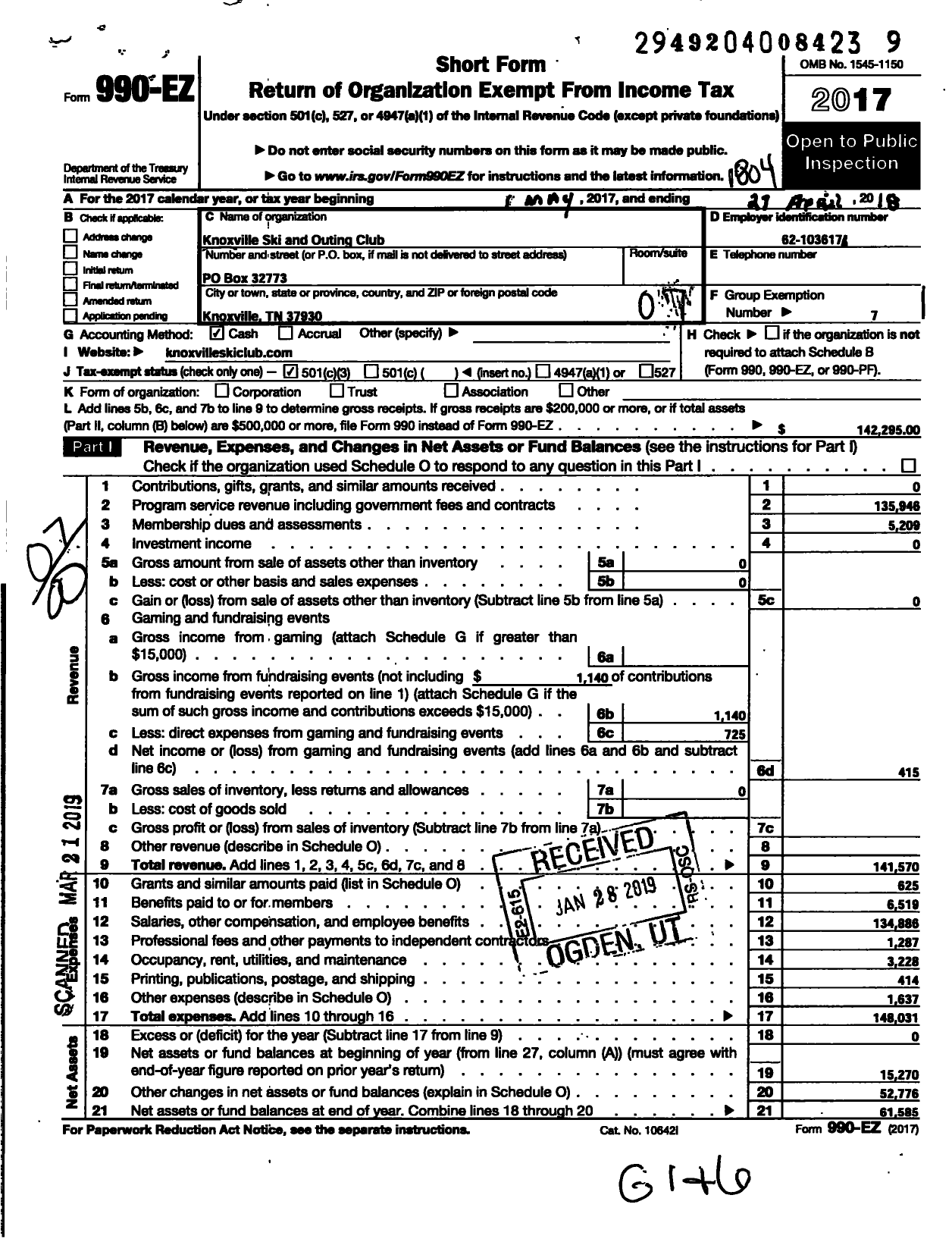 Image of first page of 2017 Form 990EO for Knoxville Ski Club