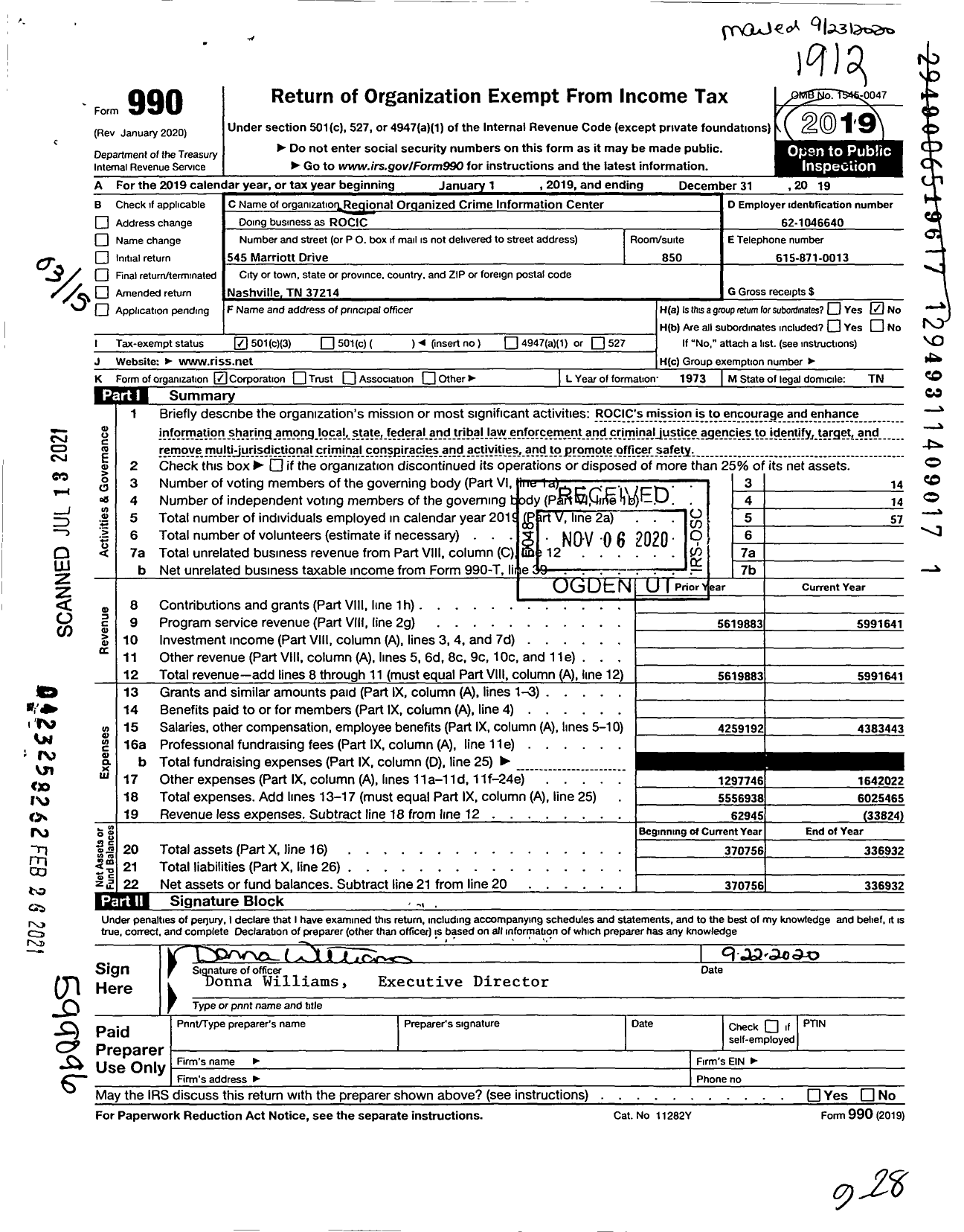 Image of first page of 2019 Form 990 for Regional Organized Crime Information Center (ROCIC)