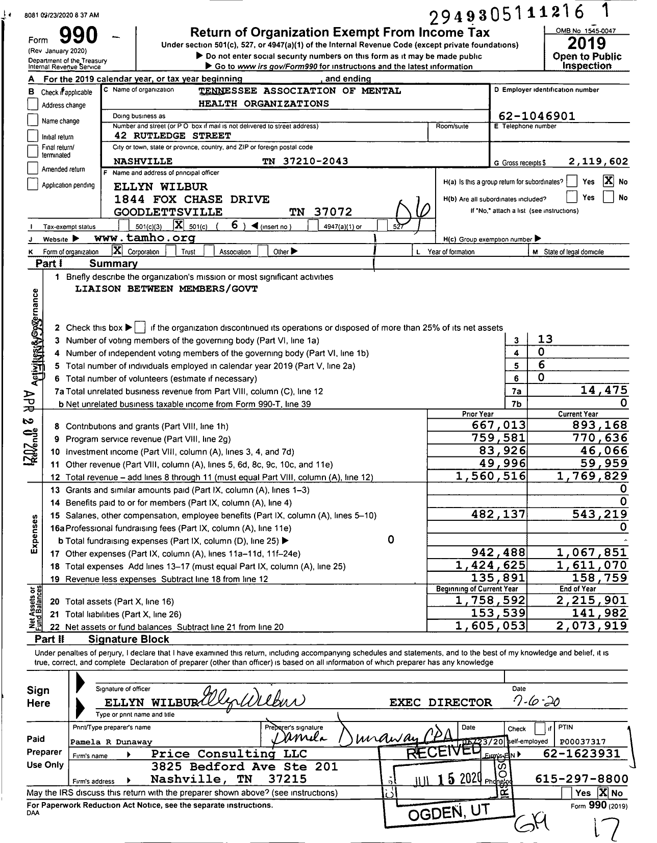 Image of first page of 2019 Form 990O for Tennessee Association of Mental Health Organizations