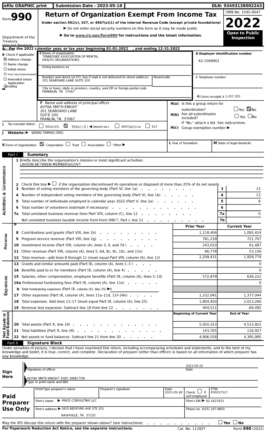 Image of first page of 2022 Form 990 for Tennessee Association of Mental Health Organizations