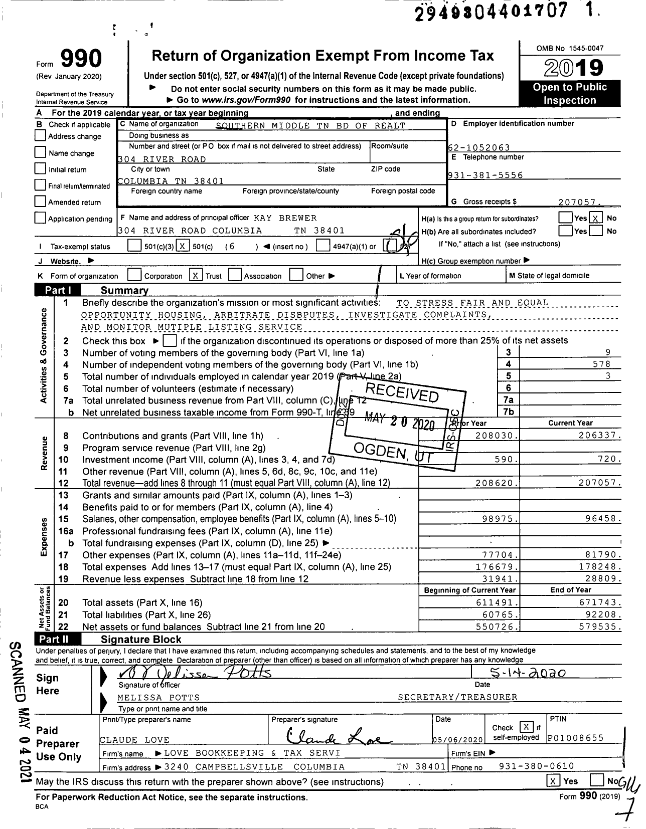 Image of first page of 2019 Form 990O for Southern Middle TN BD of Realtors