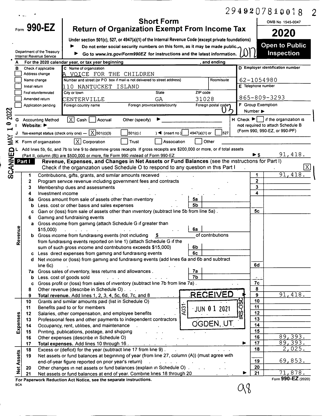 Image of first page of 2020 Form 990EZ for A Voice for the Children A Voice for the Children