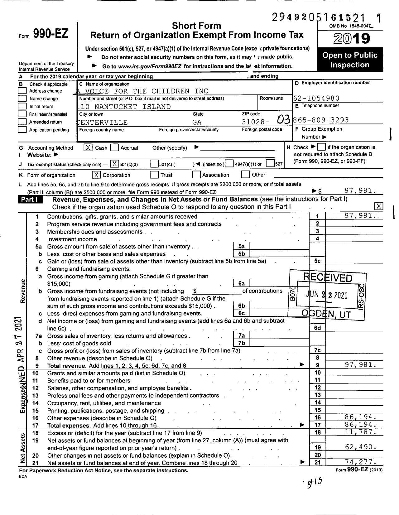 Image of first page of 2019 Form 990EZ for A Voice for the Children A Voice for the Children