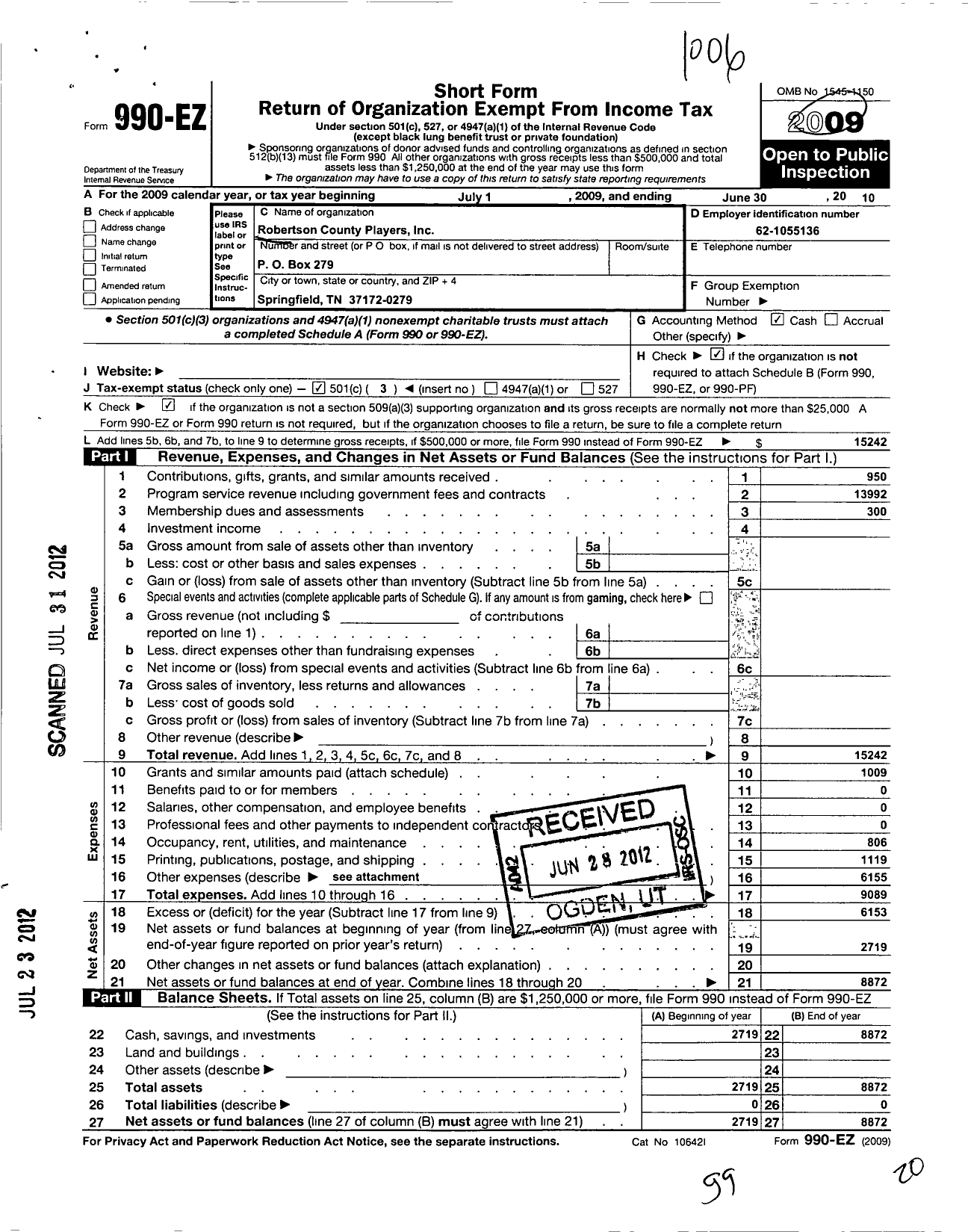 Image of first page of 2009 Form 990EZ for Robertson County Players