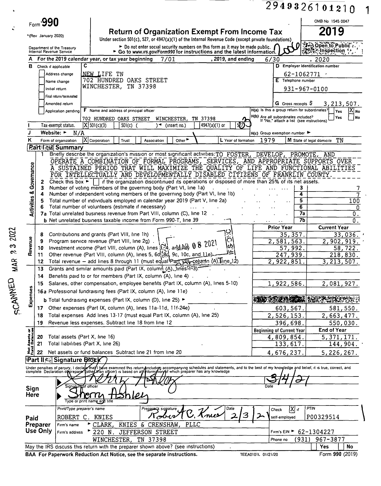 Image of first page of 2019 Form 990 for New Life TN