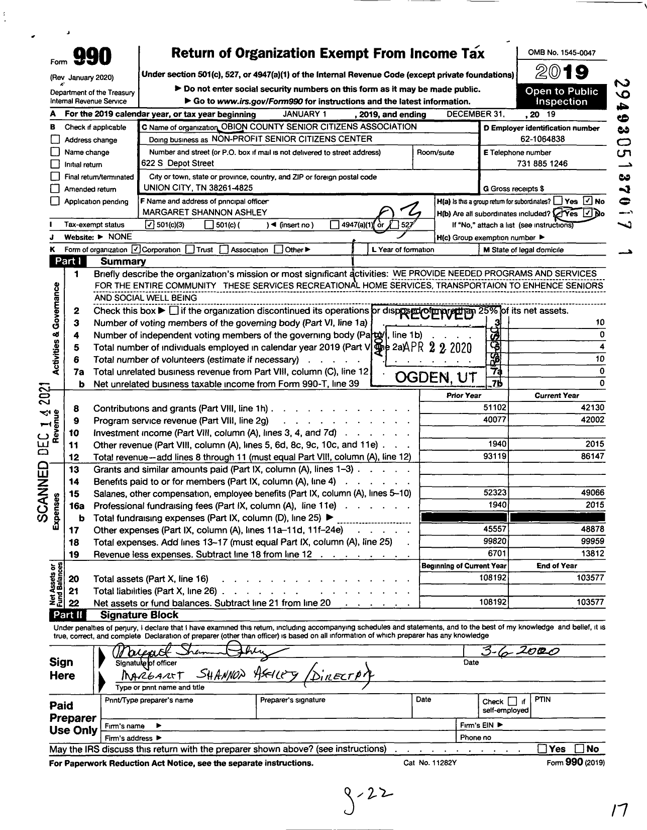 Image of first page of 2019 Form 990 for Obion County Senior Citizens Association