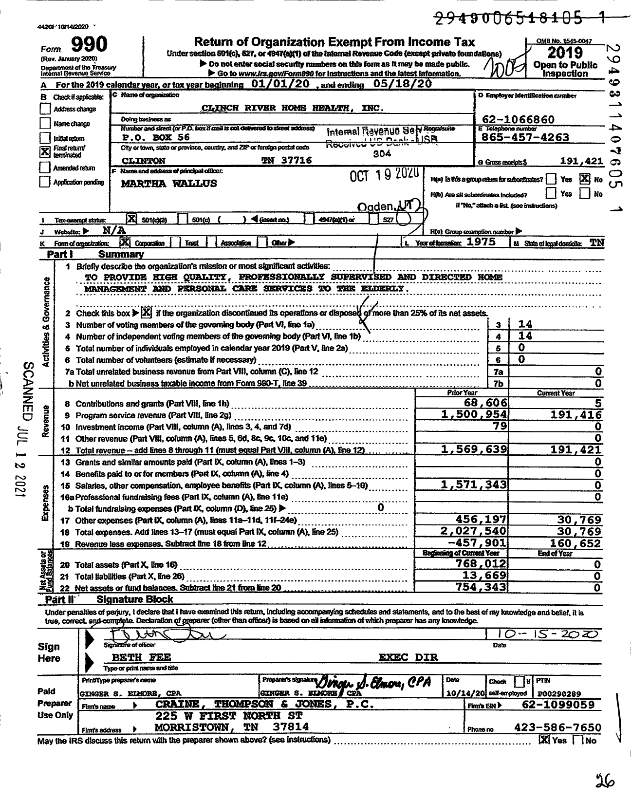 Image of first page of 2019 Form 990 for Clinch River Home Health