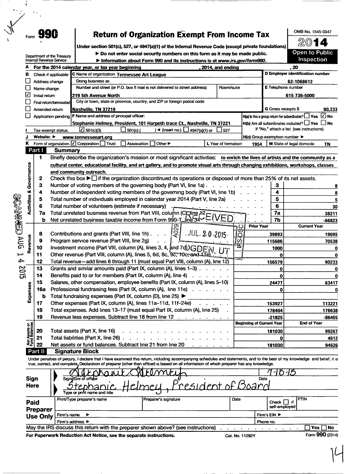 Image of first page of 2014 Form 990 for Tennessee Art League